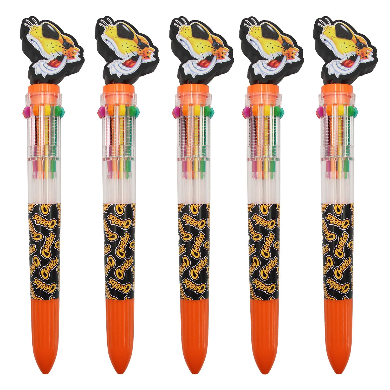 Cheetos Multicolor Pen in one with Topper, Bulk Cute Multi Color Pens for Teens School, Retractable Ballpoint Pen Party Favors Perfect for Birthdays 10 Fun Colors - 5PCS