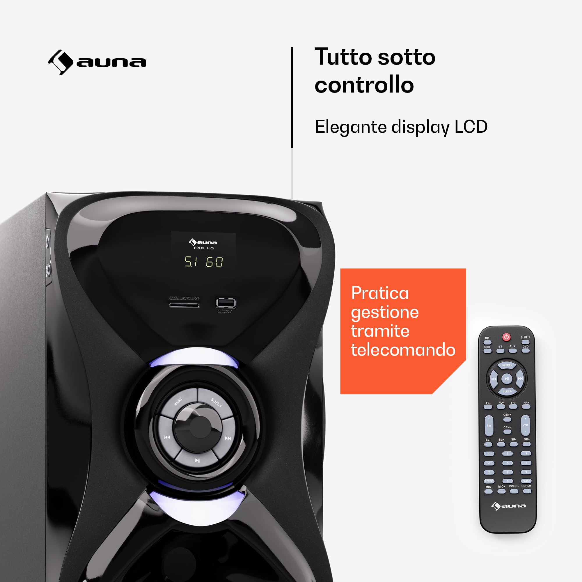 AUNA Areal 825 Impianto Stereo da Casa 5.1 Wireless - Bluetooth, Subwoofer 100W, Elegante, Illuminazione RGB - USB/SD, AUX & Ingresso Ottico, Telecomando, Karaoke