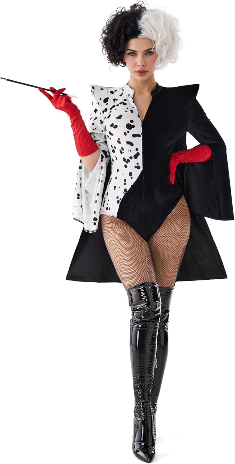 Spooktacular Creations Villain Character Costume, Black and White Dalmatian Shawl, Halloween Costumes for Women Adult 2025 Medium