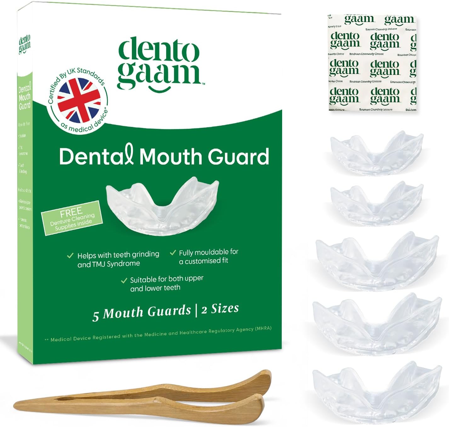 Mouth Guard for Teeth Grinding – 5 Custom-Fit Night Guards 2 Sizes for Adults, with Cleaning Tablets &amp; Wooden Tweezers
