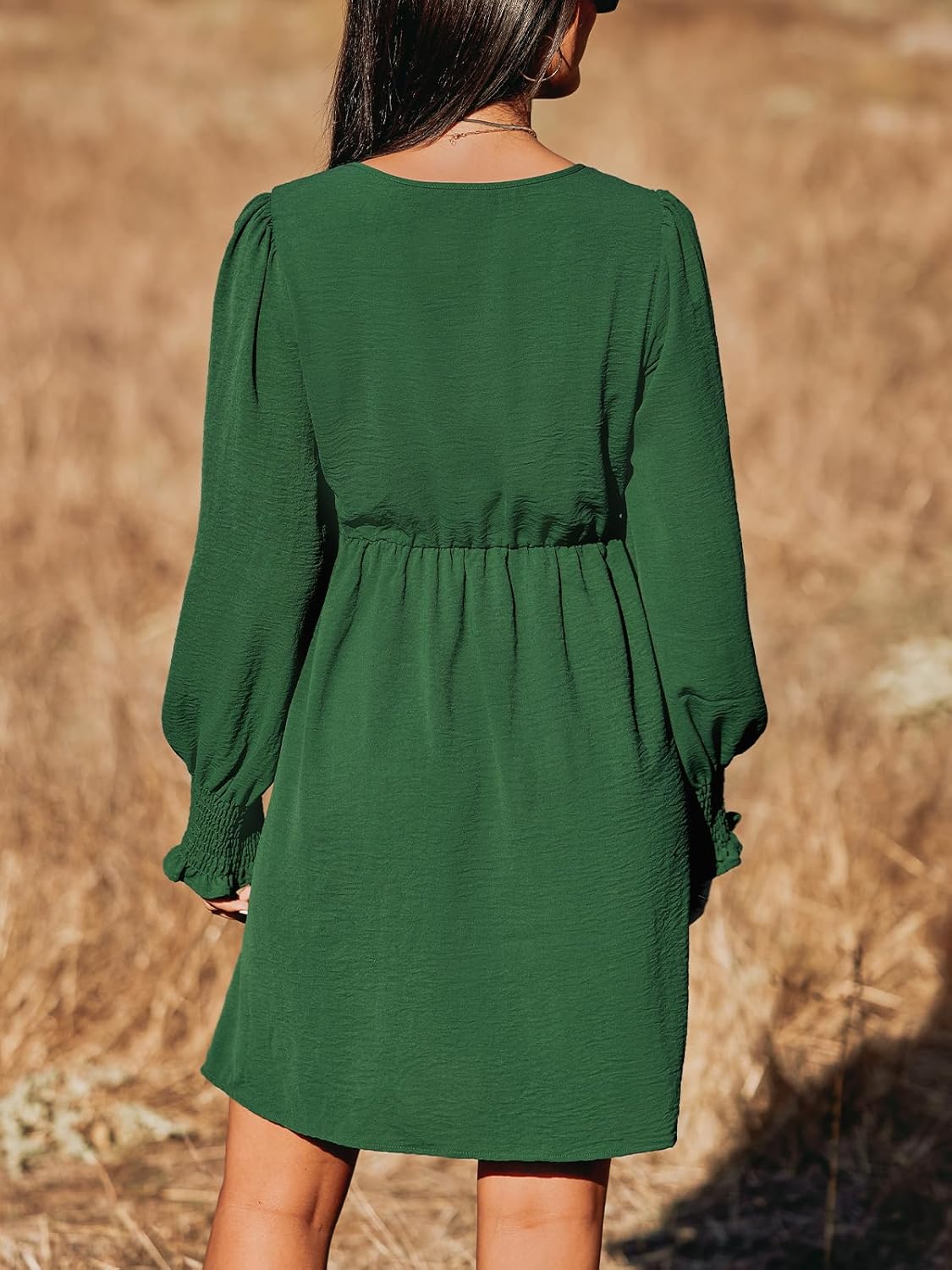 CUPSHE Women's Mini Dress Smocked V Neck Long Sleeve Empire Waist Casual A Line Dress - Image 3