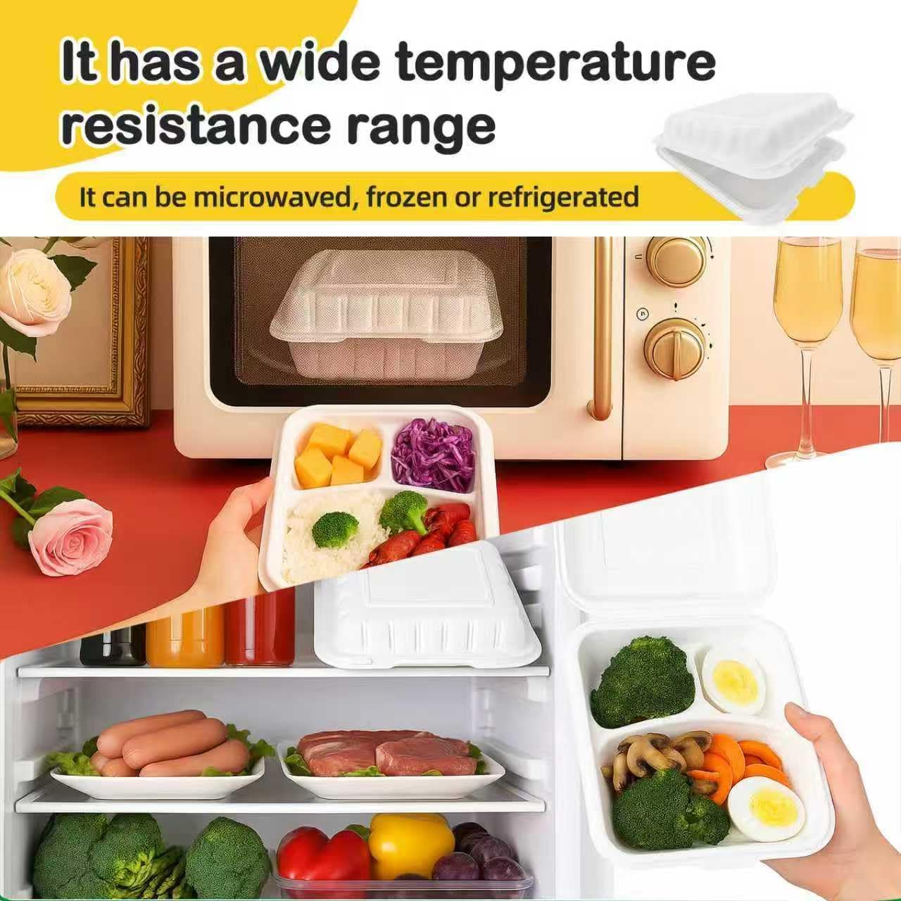 Woodpecker Plastic Food Containers (white), To Go Box, 3 Compartments, 75 Pack, 8x8x3, Heavy Duty, Microwave and Refridgerator Safe, Anti-slip, Thick and Durable, for To Go and Restaurants, PP883