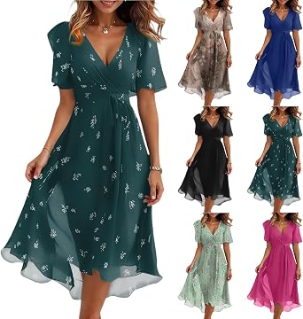 Summer Chiffon Dresses for Women Formal Elegant V Neck Wrap Floral Midi Dress Classy Ruffle Belted Boho Flutter Sleeve Knee Length Dresses Holiday Valanio Cute Empire Waist Beach Sundress