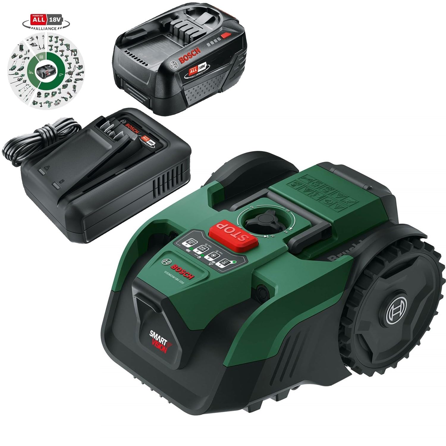 Bosch Cortacésped inalámbrico ROTAK18V2-43 (Ancho de Corte: 43 cm, Altura de Corte: 30-75 mm, Bolsa de césped de Tela de 40 l, Enchufe de mantillo, Incluye 2 baterías de 18 V y Cargador)