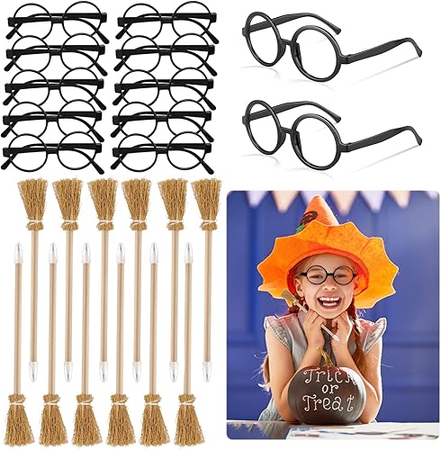 24 lápices de escoba de bruja y anteojos, recuerdos de fiesta de mago, suministros de fiesta de mago, suministros de cumpleaños temáticos para