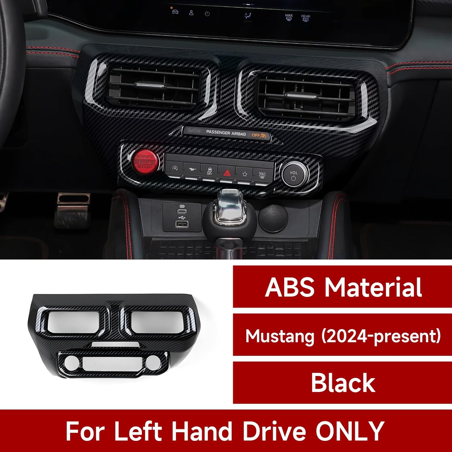 Car Center Console Air Vent Outlet Panel Sticker ABS Carbon Fiber Decal Interior Trim Cover for 2024 2025 2026 Ford Mustang Accessories