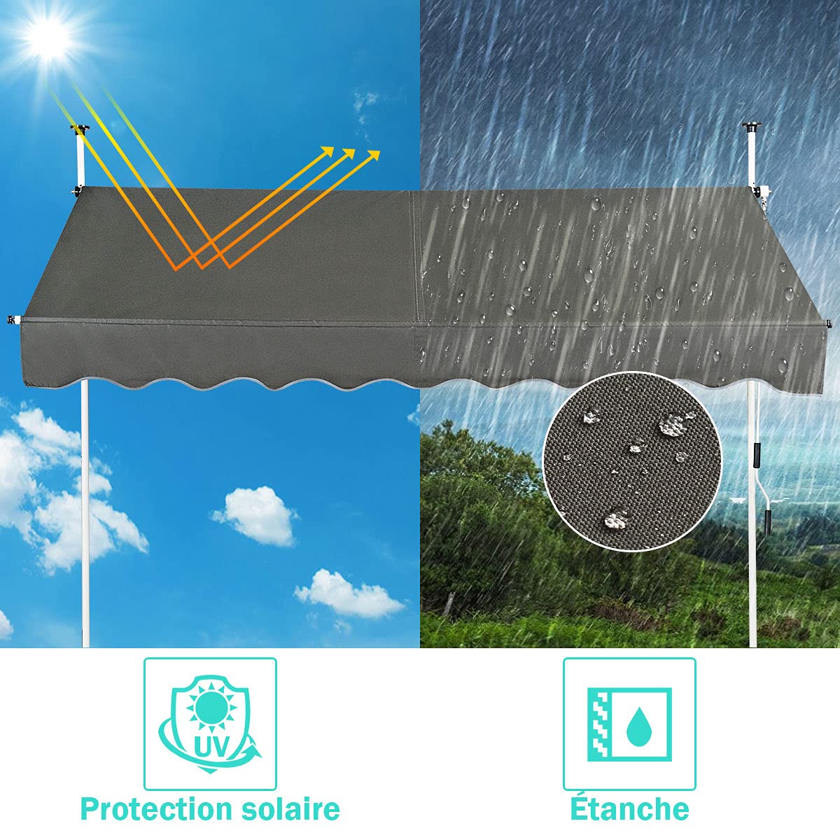 RELAX4LIFE Store Banne Manuel sans Perçage, Auvent Balcon Rétractable avec Manivelle, Tissu Oxford Anti-UV Imperméable, Hauteur Réglable 2-3 M, Store Banne pour Porte Fenêtre (Gris, 250 X 125 cm)