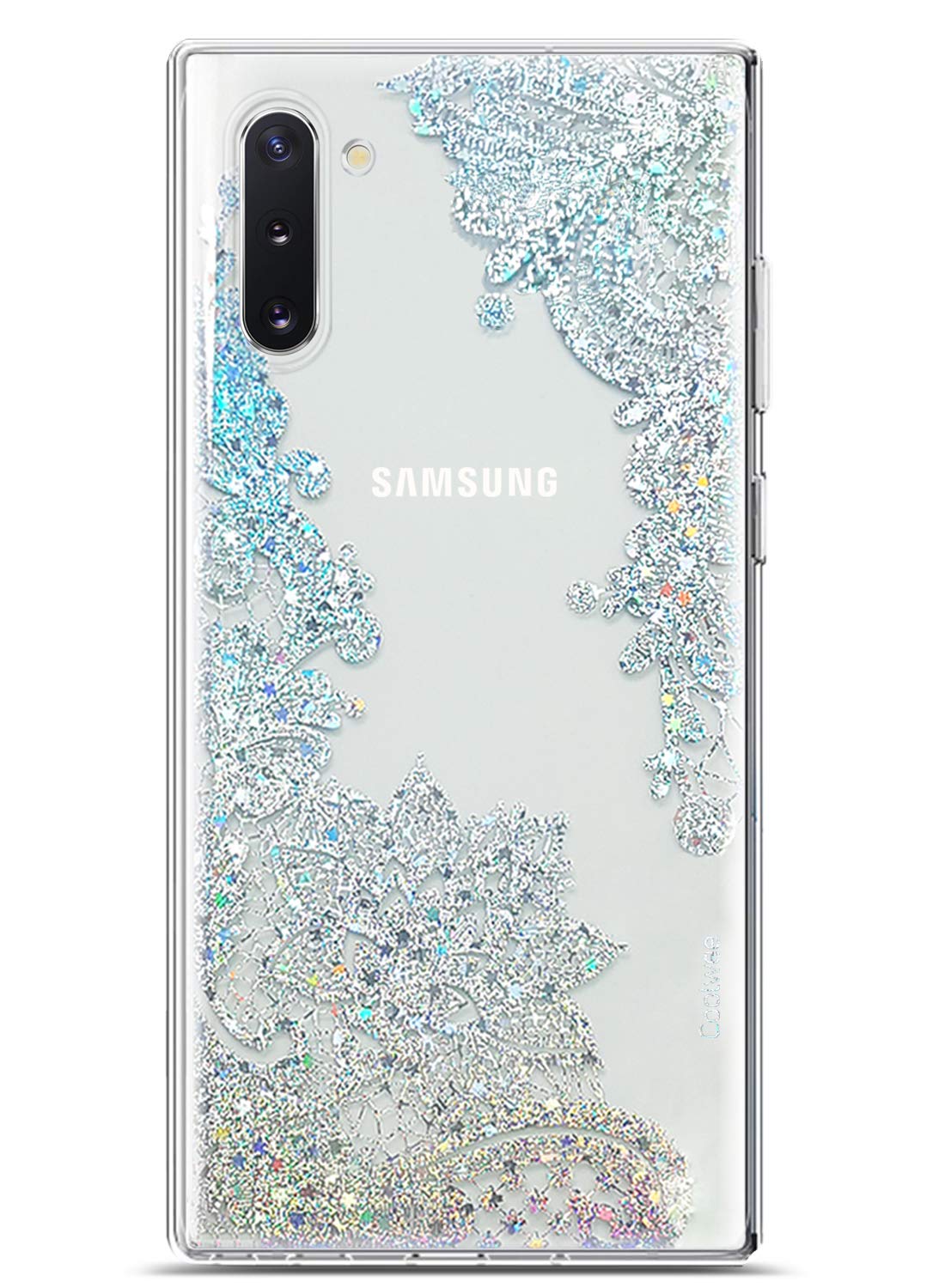 Coolwee Clear Glitter for Galaxy Note 10 Case Thin Flower Slim Cute Crystal Lace Bling Women Girls Floral Plastic Hard Back Soft TPU Bumper Protective Cover for Samsung Galaxy Note 10 Mandala Henna