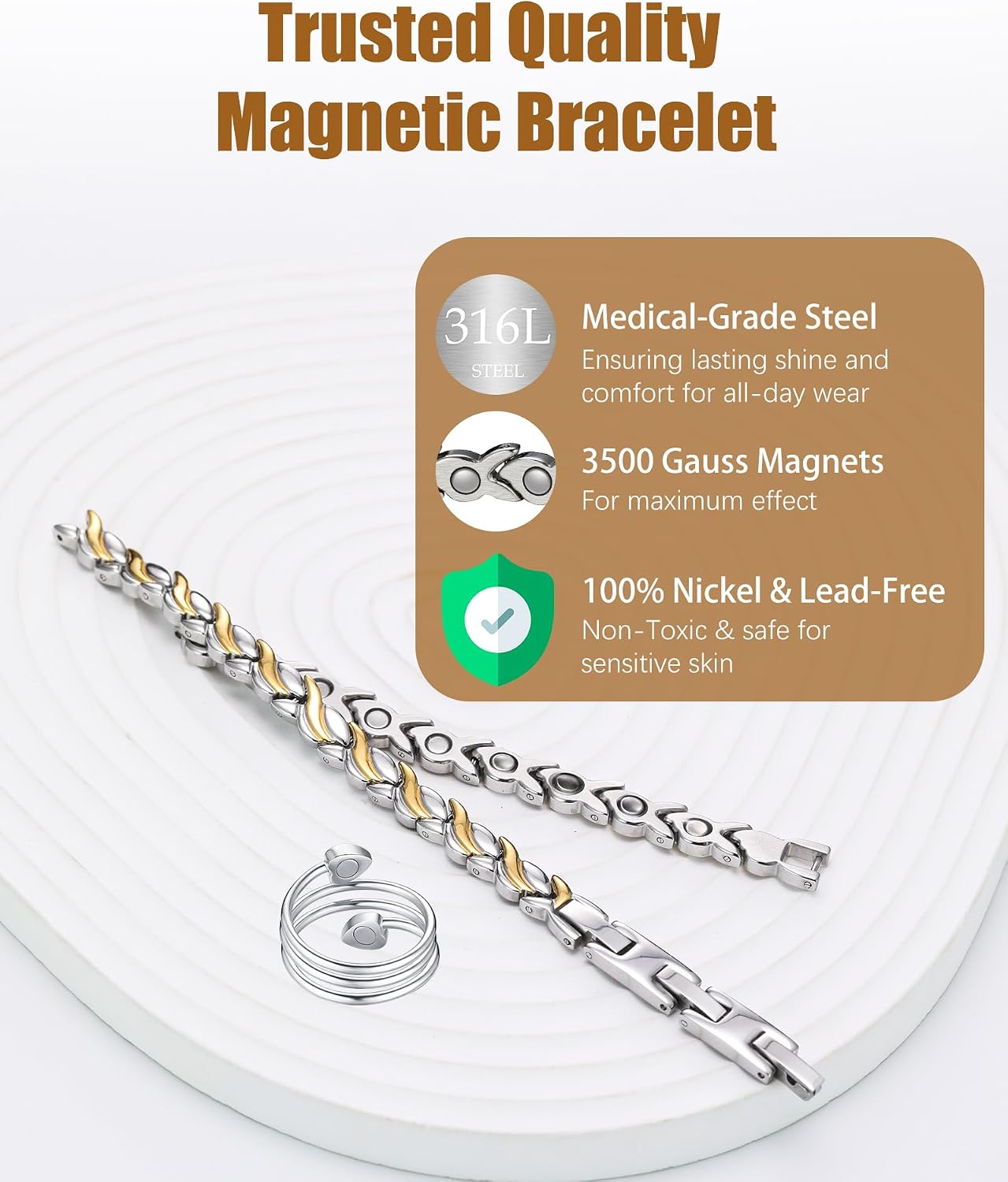 Jeracol Magnetic Bracelets for Women & Copper Ring, Stainless Steel Magnet Bracelet