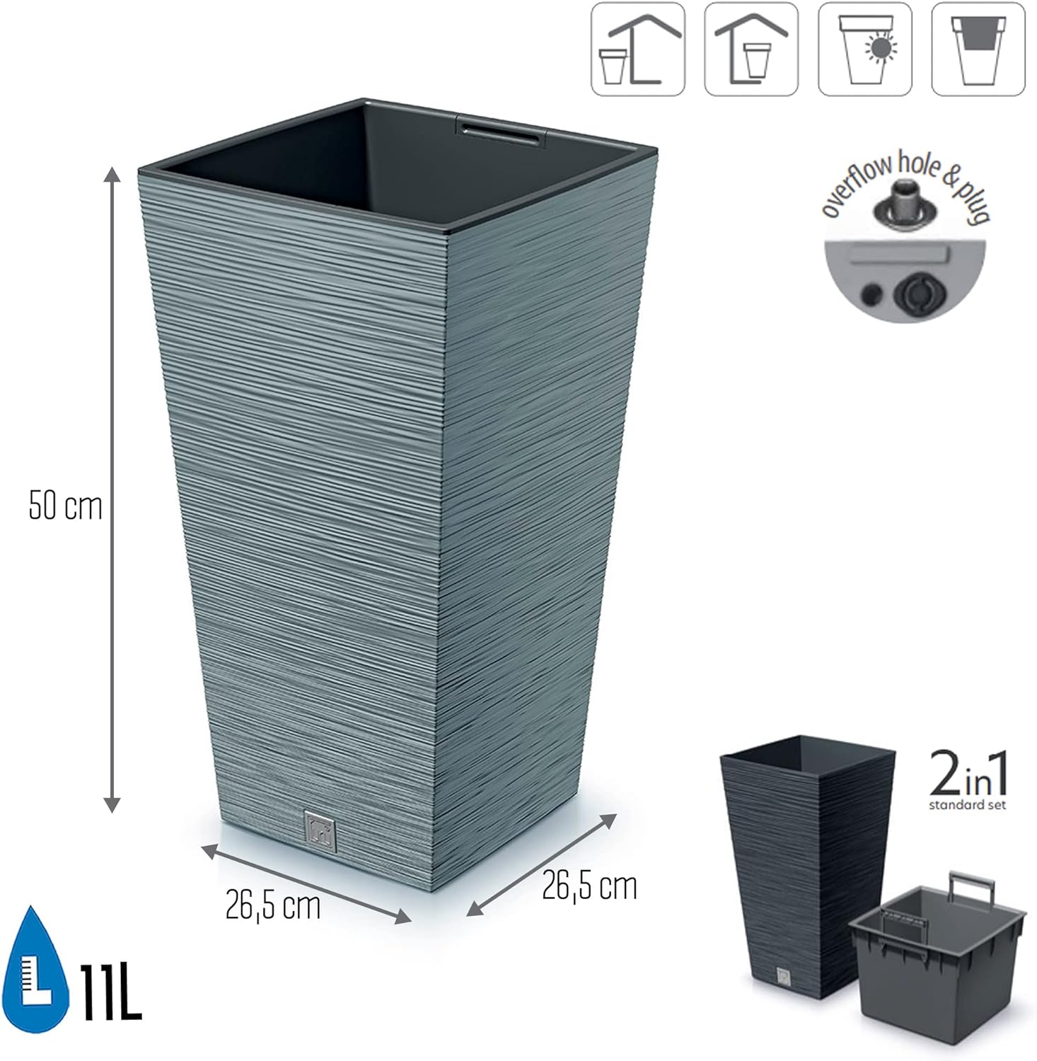 Furu Collection Cement Planter with Tank 26.5 x 26.5 x 50 cm Capacity 11 Litre