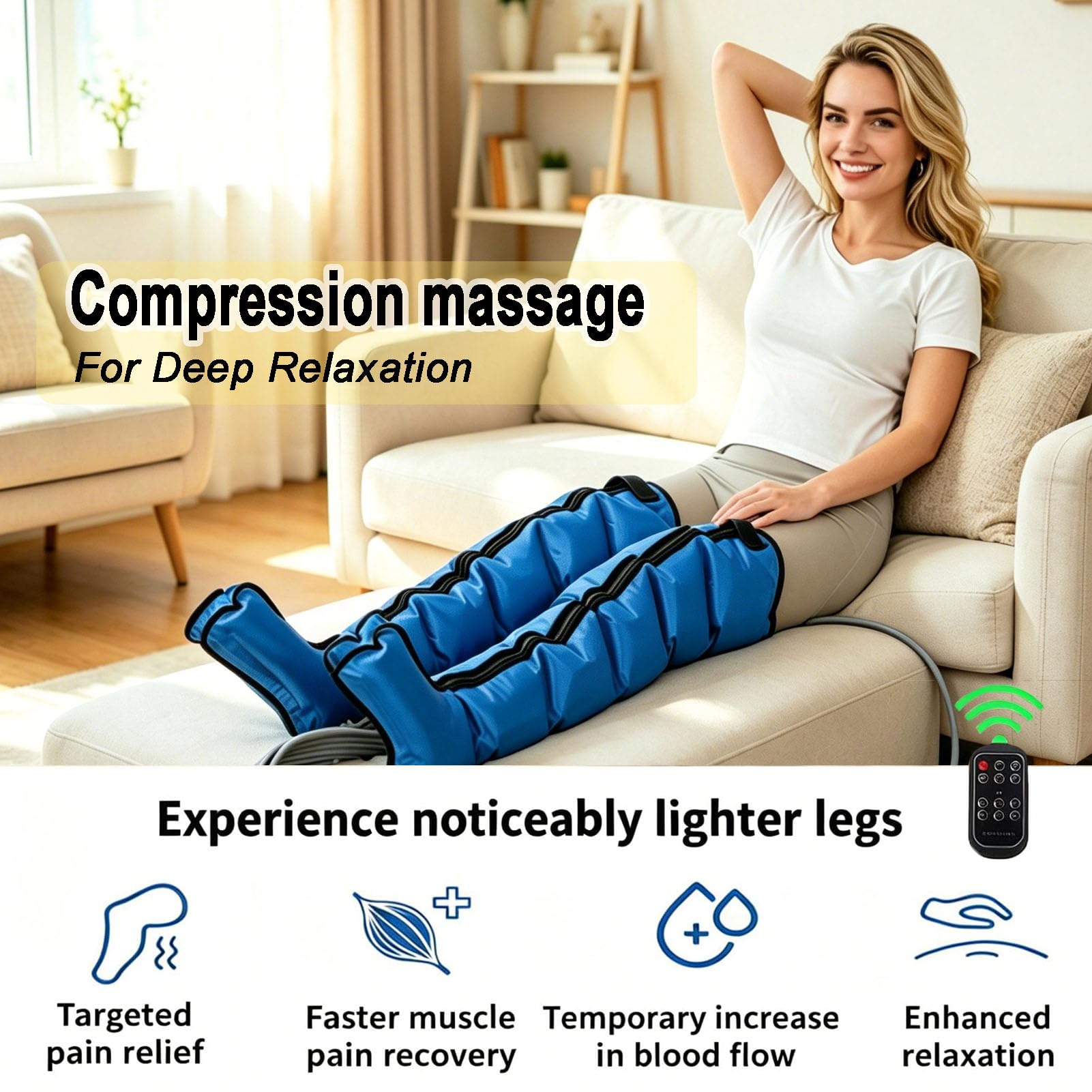 Presoterapia Piernas y Abdomen,Máquina de Presoterapia para Casa, Masajeador De Piernas Circulacion con 6 Cámaras,6 Modos, 20-250mmHg y 1-60mins,Zonas seleccionables por Separado