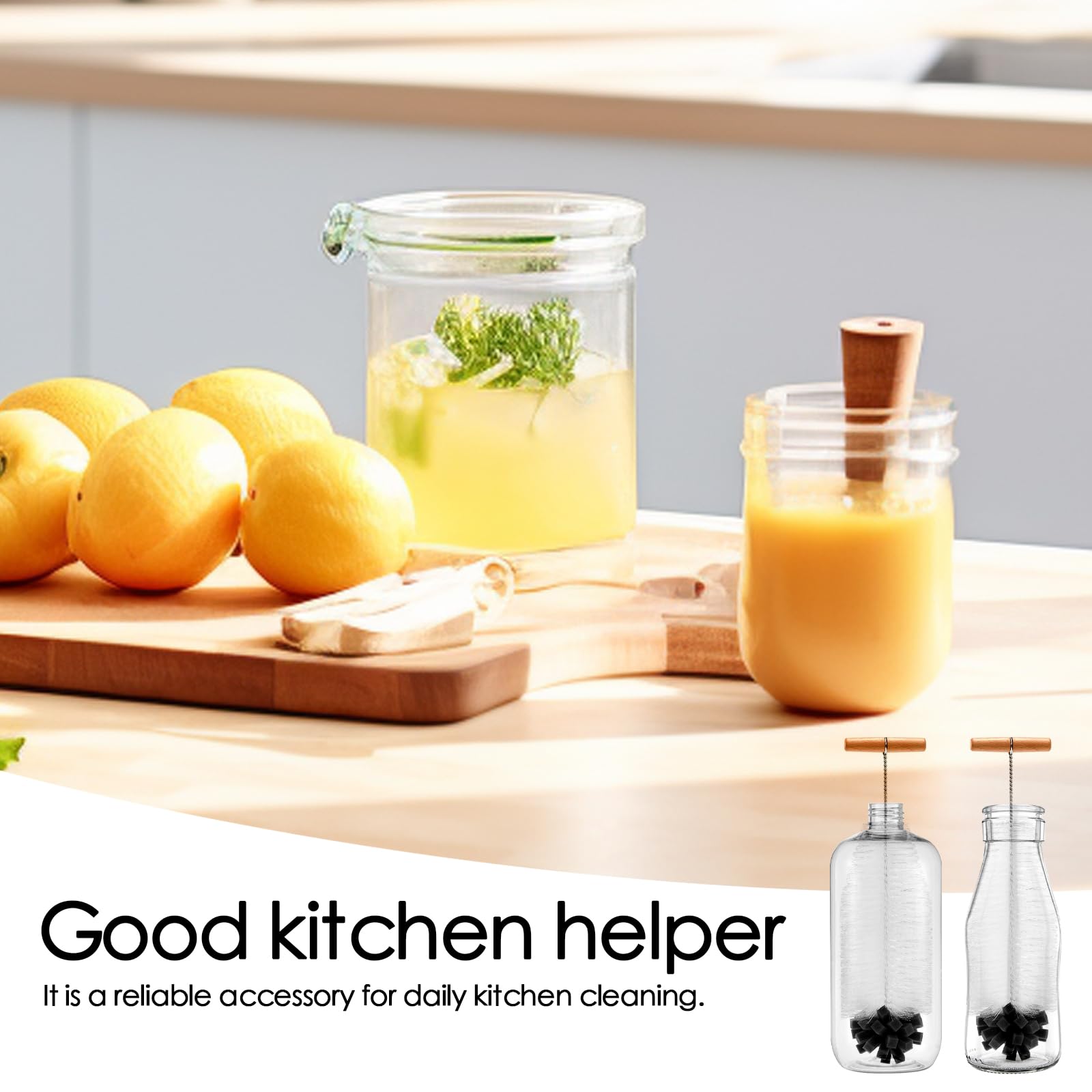 Cepillo para botellas, 35 cm, cepillo para botella compatible con SodaStream, limpieza profunda vidrio/biberón, escoba angular antiarañazos con mango de madera, cepillo denso para suciedad obstinada