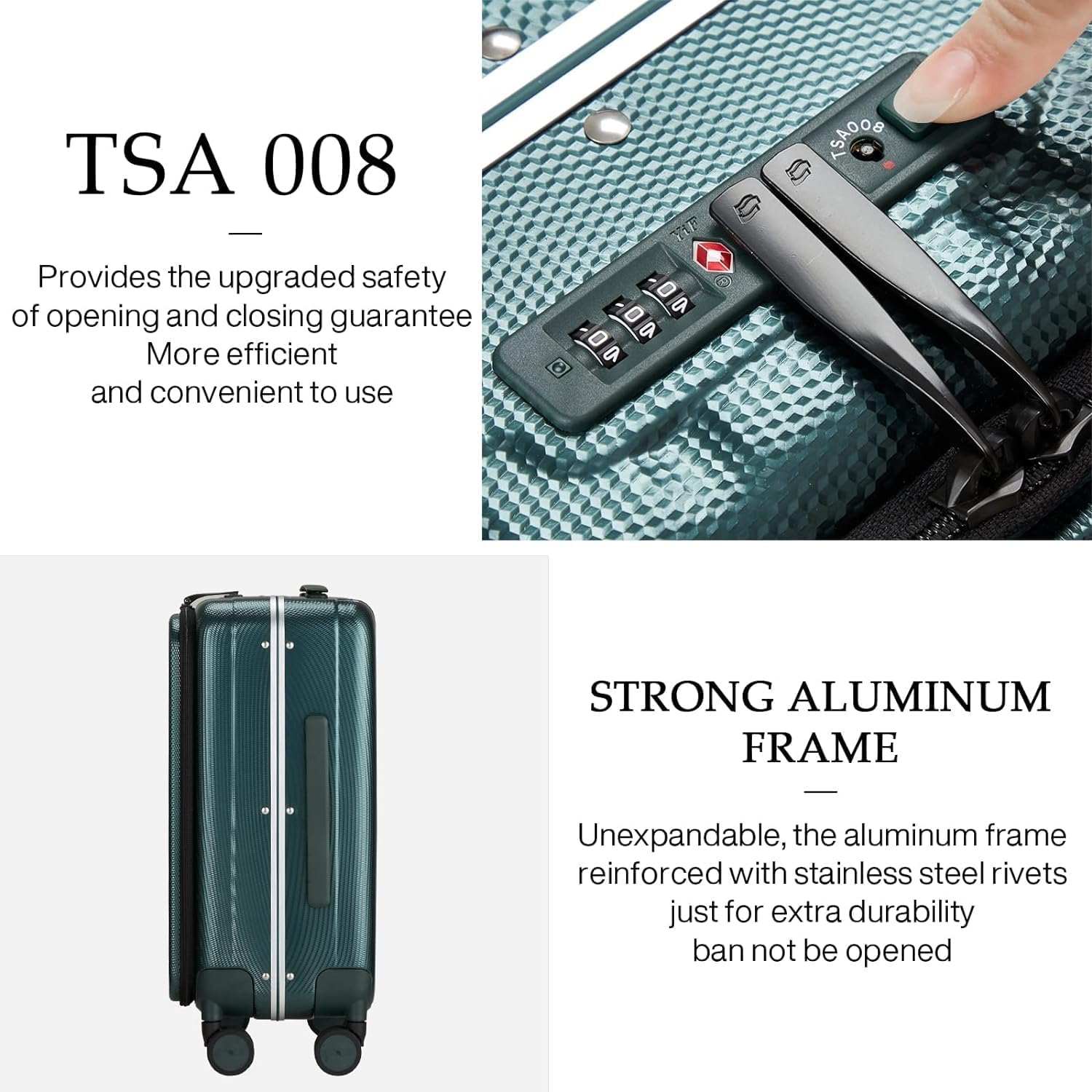 Hanke 20 Inch Carry On Luggage Aluminum Frame Front Opening Rolling Suitcase PC Hard Sided Luggage with Spinner Wheels Travel Luggage for Woman Men Gifts.(Dark Green) - Image 5