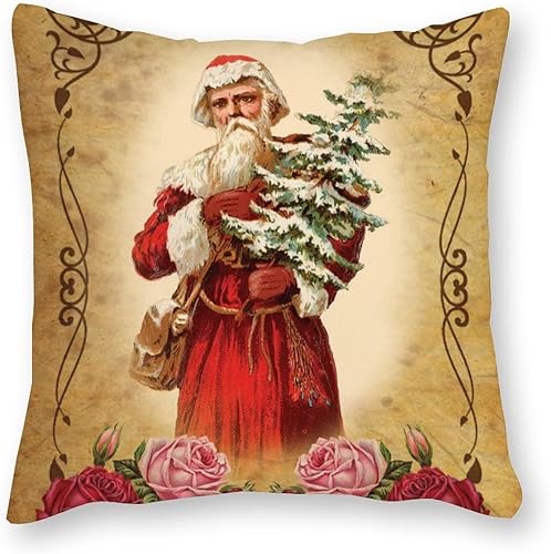 Funda de almohada de Navidad victoriana antigua de 18 x 18 pulgadas, diseño de Papá Noel, funda de cojín decorativa para casa de campo, sala de
