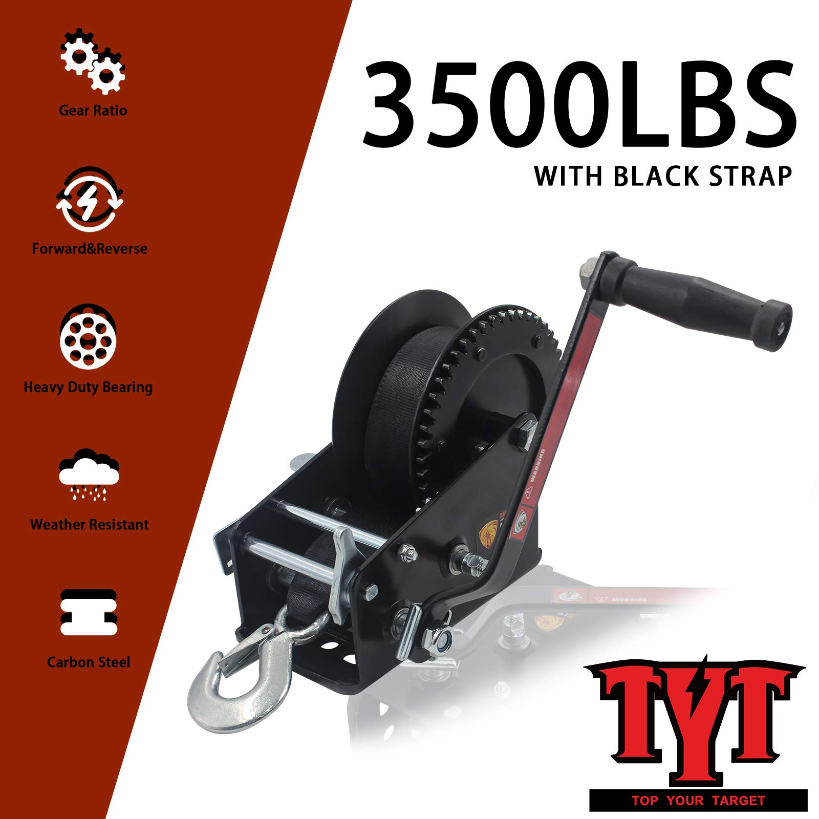 TYT 3500lbs Boat Trailer Hand Winch with 10m/32ft Black Strap, Hardened