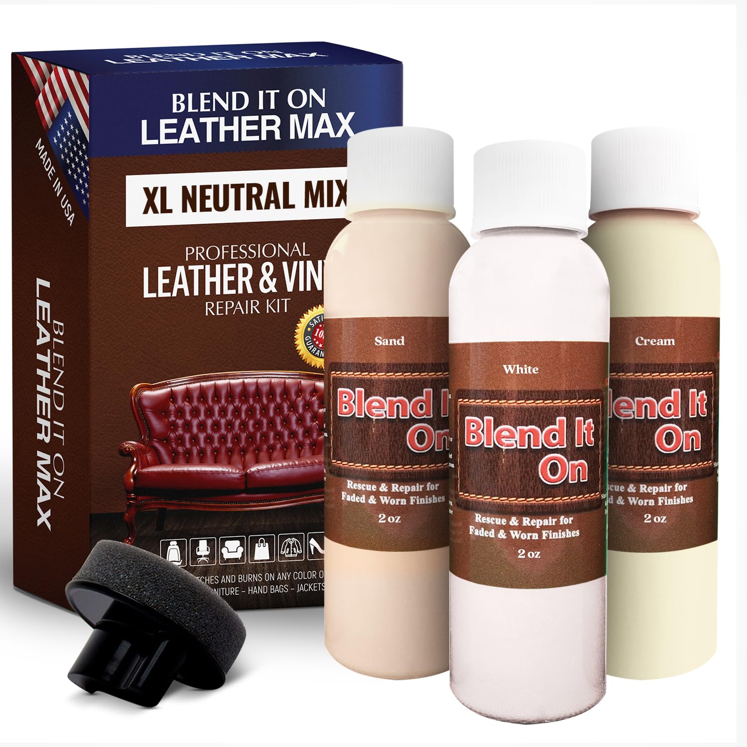 Blend It On XL Leather/Vinyl Repair Kit Now with 6 Ounces for Furniture, Jacket, Sofa, Car Seat, Boots, Easy Instructions to Match Colors, Restore Any