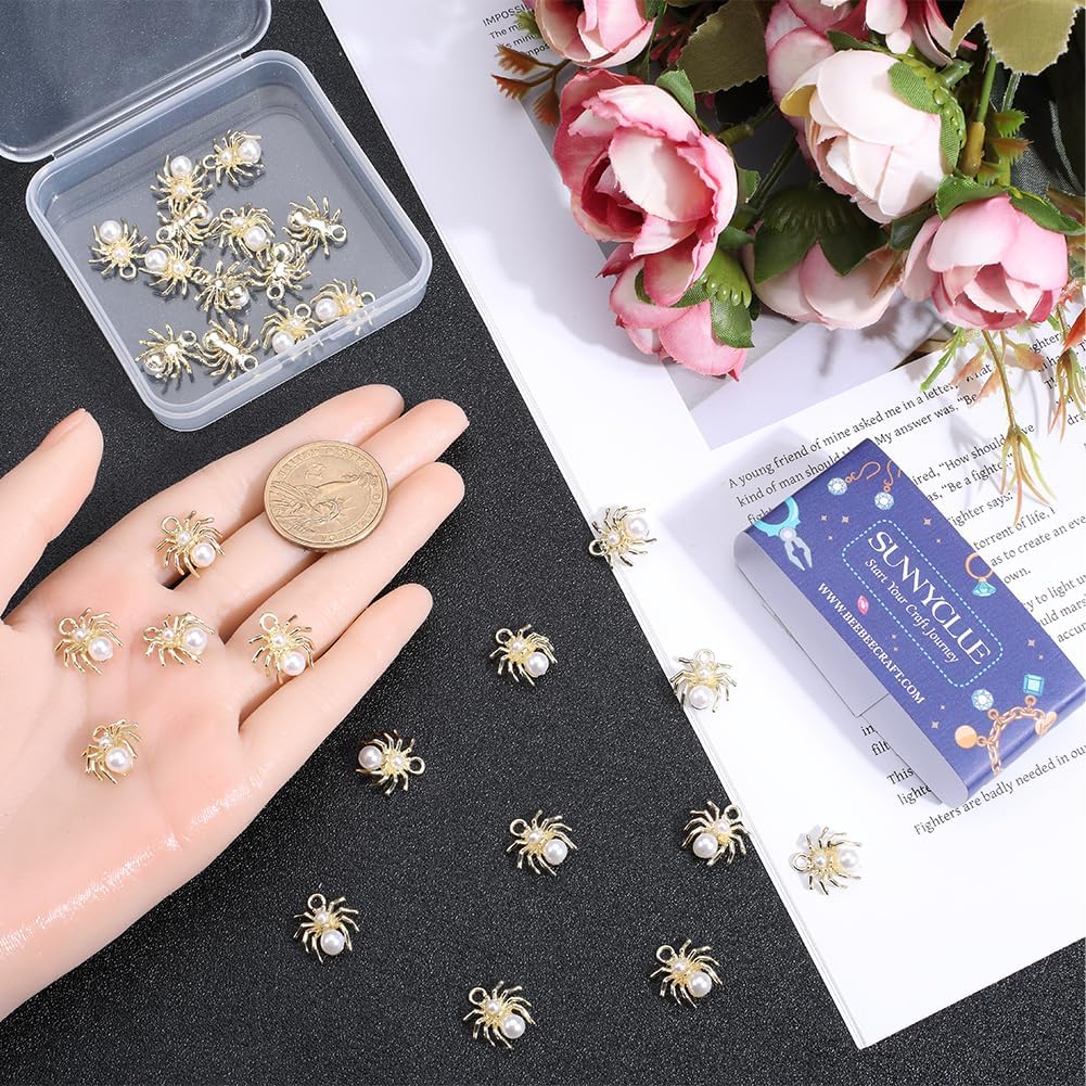 SUNNYCLUE 1 Box 30Pcs Spider Charms Holloween Spider Charm Bulk Mini Small Miniature Spiders Bead Insect Charm Imitation Pearl Beads Golden Tone Spider Charm for Jewelry Making Charms DIY Crafts