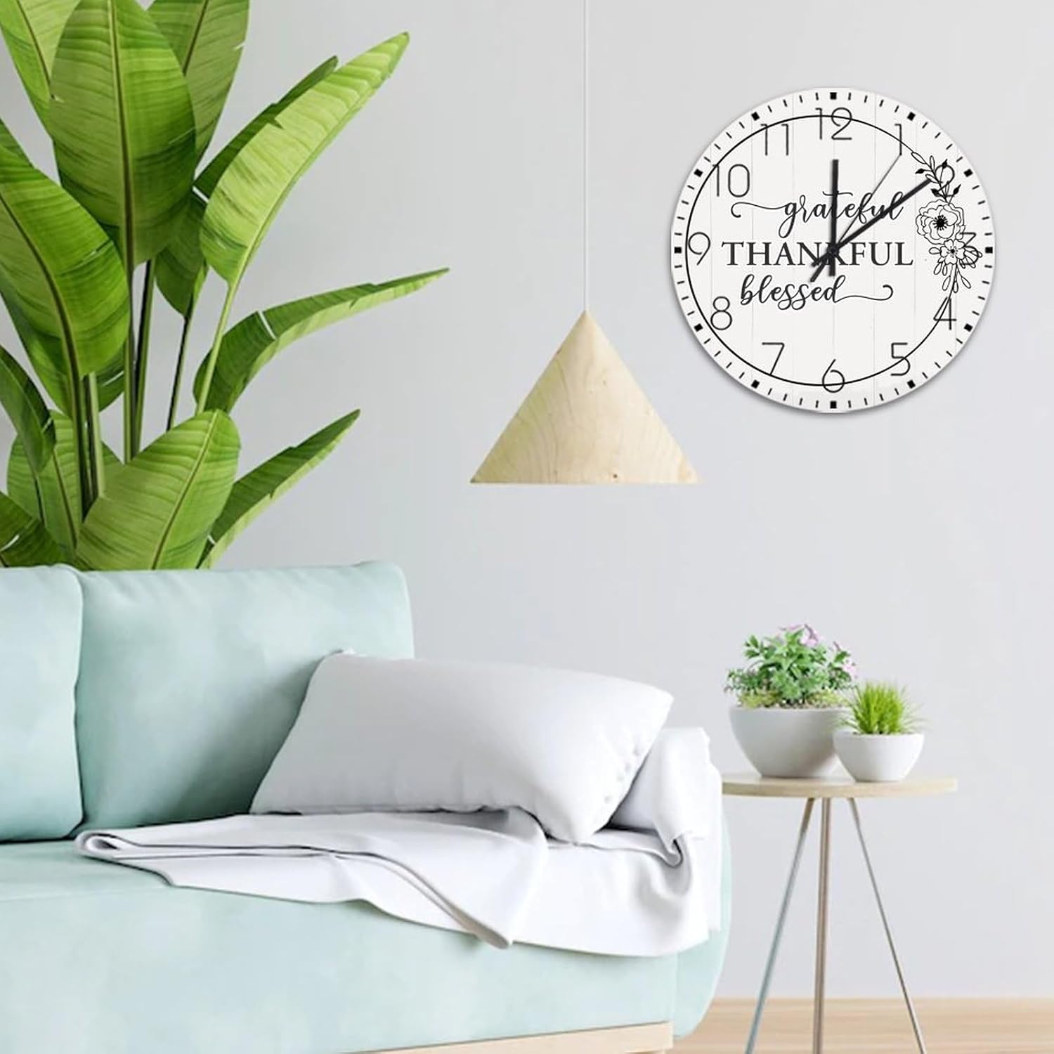 Wooden Wall Clock Battery Operated Non Ticking Grateful Thankful Blessed Beautiful Wall Clocks Spring Summer Green Wreath Wooden Wall Decor for Restaurant Bedroom Above Fireplace 12 Inch