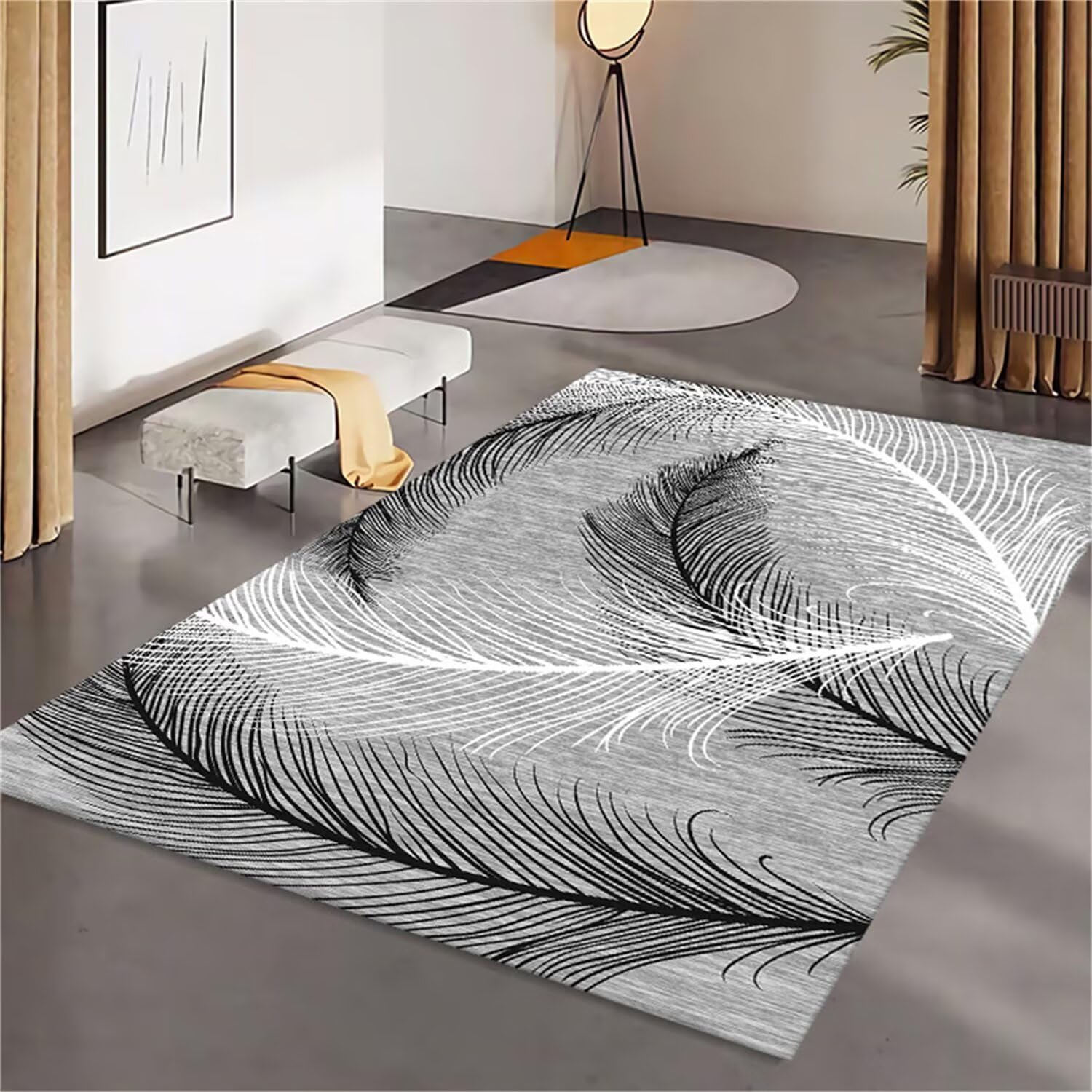 Tapis doux gris 50x80cm avec motifs plumes au design moderne