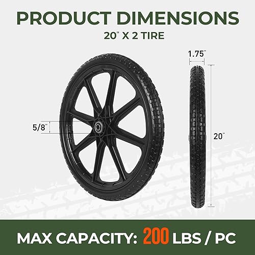 Miniatura 2 de 2 neumáticos planos de 20 pulgadas, ruedas de poliuretano no infladas, neumático de 20 x 2 pulgadas con rodamiento, cubo para carretilla, carros,