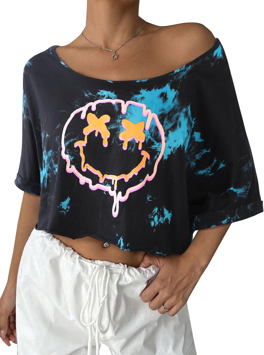 Remidoo Womens Off The Shoulder Tops Short Sleeve Crop Top Asymmetrical Neck T Shirt