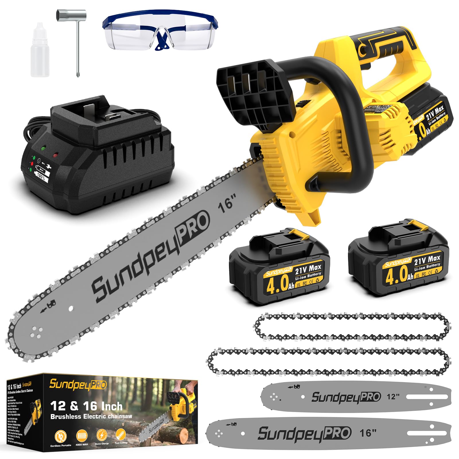 SundpeyPRO Brushless Electric Chainsaw Cordless - 12+16" Dual Guide Plate Battery Chain Saw w/ 2 x 4.0Ah Battery, Auto Oiler, Oil Output Control Switch, 5 Safety Features for Wood Tree Cutting Pruning