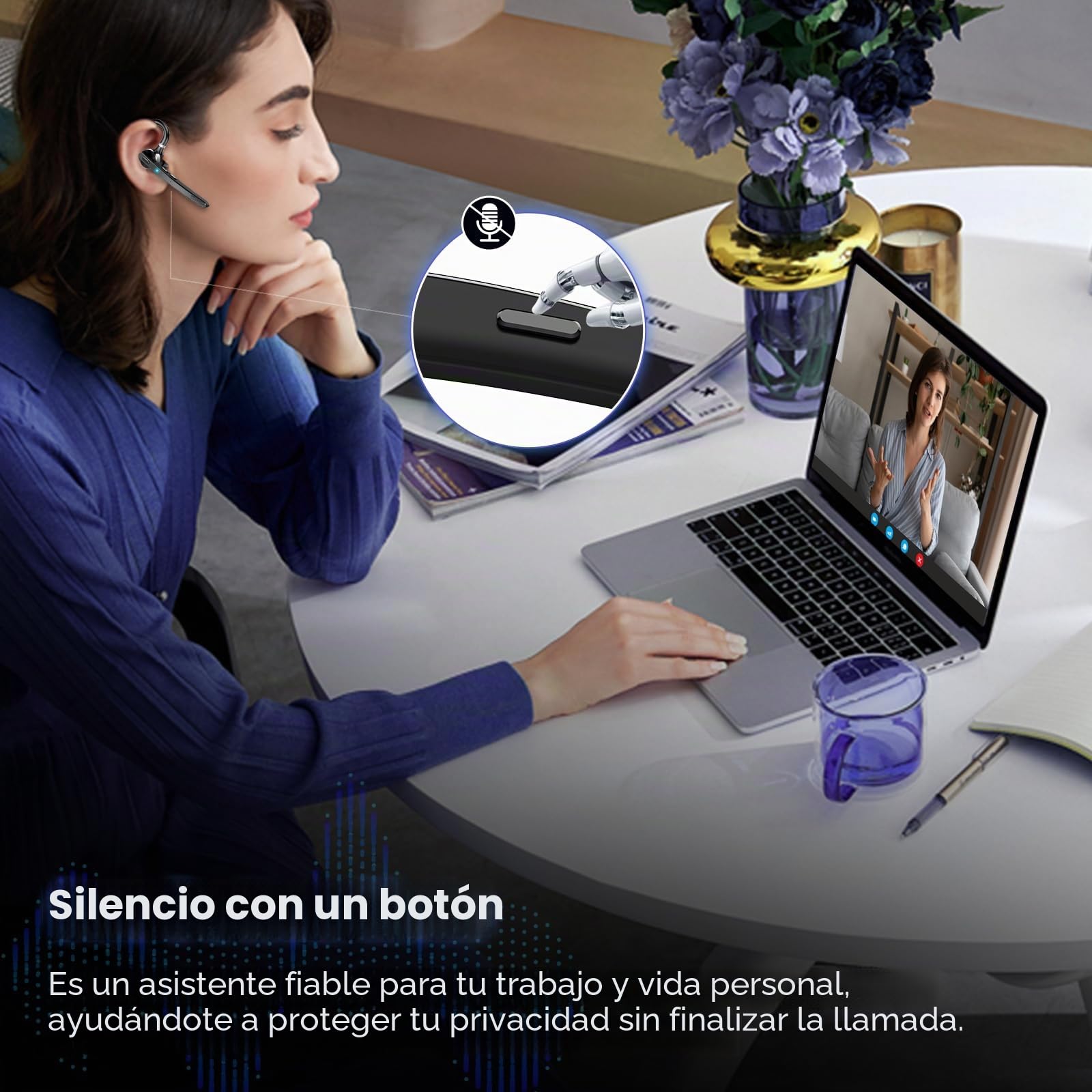 Thunelec Auriculares Manos Libres, 90 Horas aptx Auricular Bluetooth Mono con Doble Mic Cancelación de Ruido, Conexión Dual, Botón Mudo, Auriculares Manos para Camioneros, Negocios y Deporte, Gris
