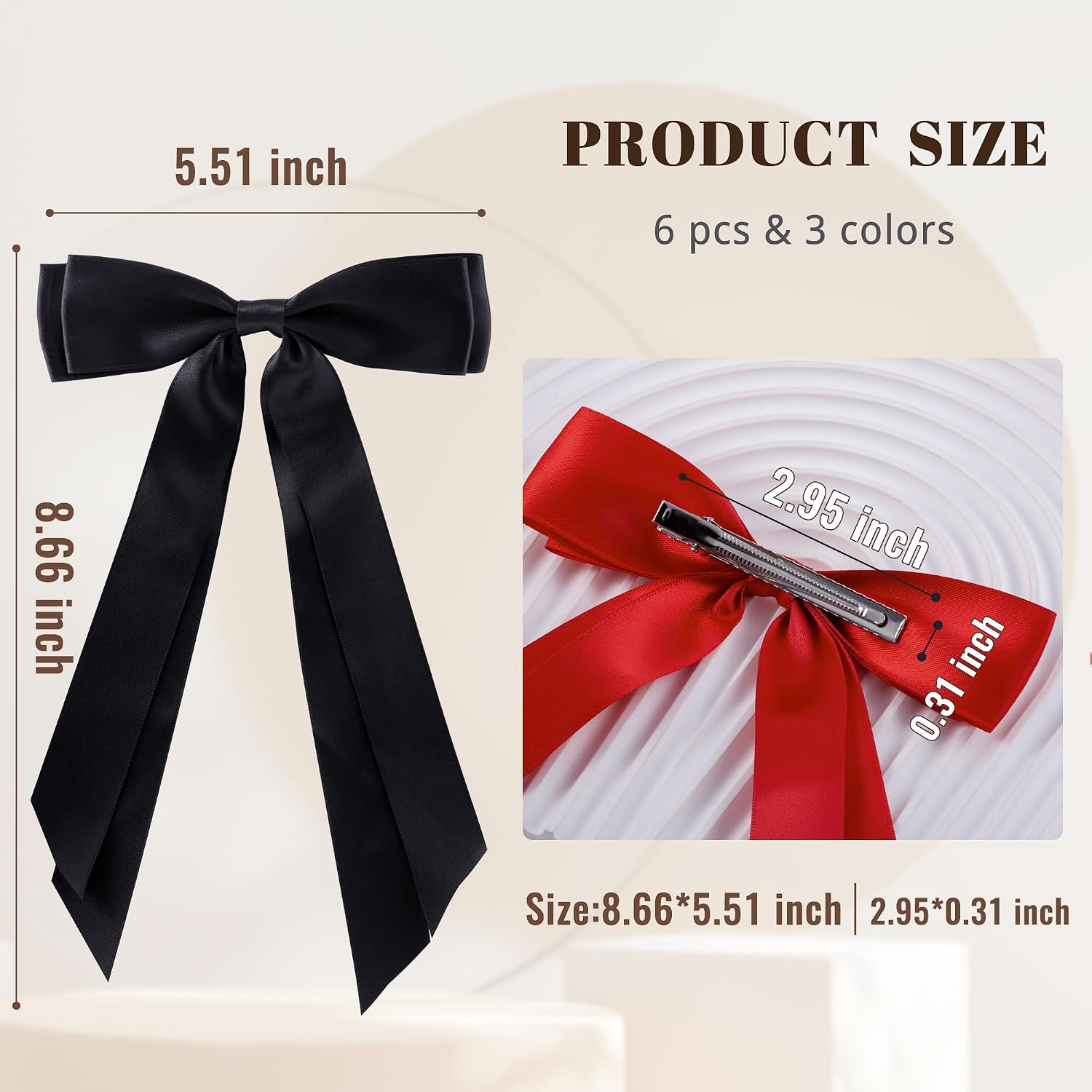 6Pcs Hair Bows Clips for Hair Silky Satin Ribbon Alligator Barrettes French Hair Ponytail Holders Cute Accessories for Women Girls(Black/Red/White) image 2