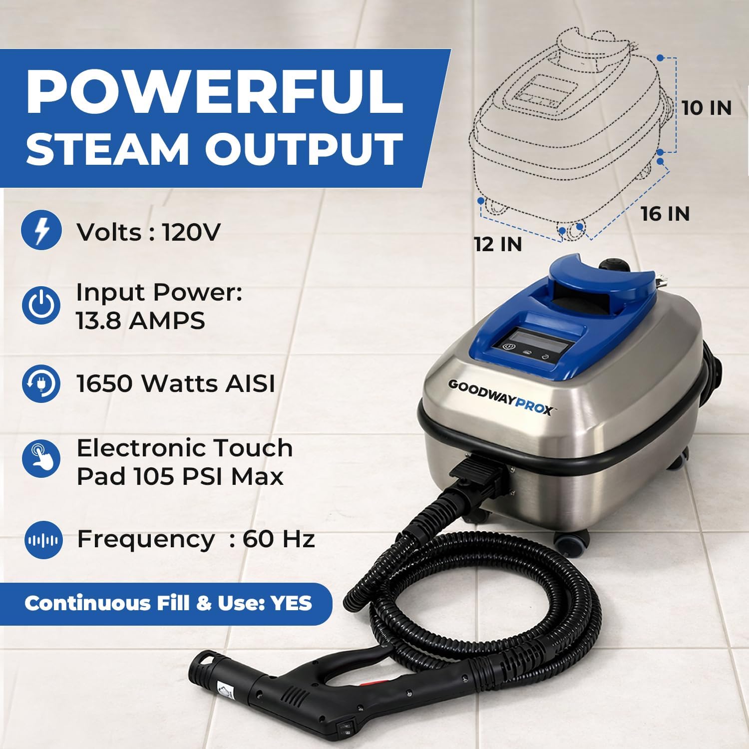 Goodway Portable Dry Steam Cleaner 1650W, Commercial Steam Cleaner with Stainless Steel Boiler,1.3-gallon (5 liters) water tank, 105 PSI, 340°F Steam, Continuous Fill, GVC-1250-R