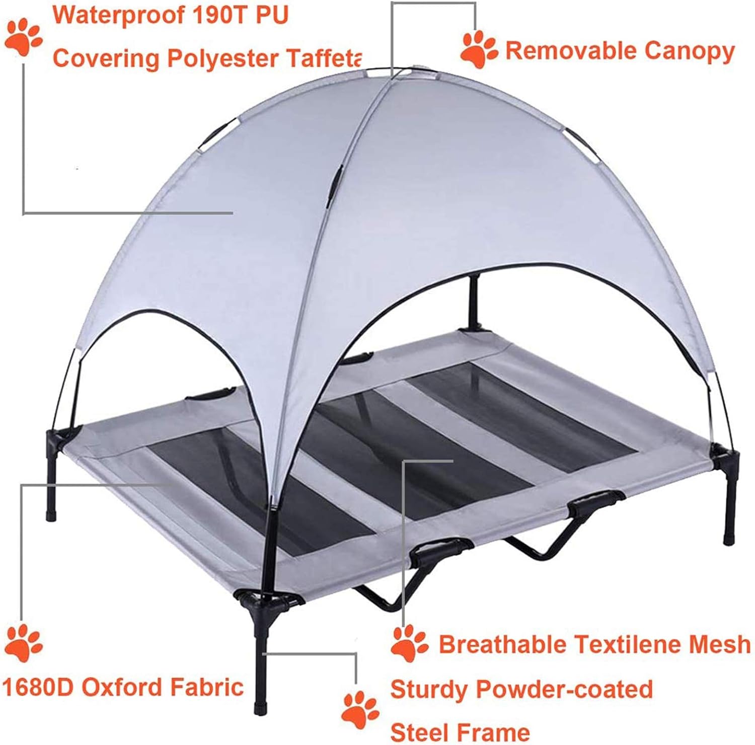 Elevated Dog Bed with Removable Canopy w/Convenient Carrying Bag Indoor Shade 1680D Portable Raised Oxford Fabric Outdoor Cooling Dog Cot Cat Bed Pet Tent for Camping (48", Grey)