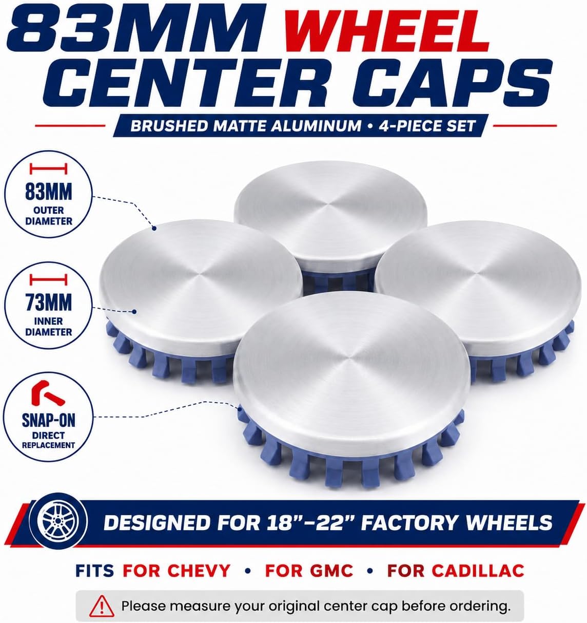 3.25Inch 83MM Wheel Center Caps for Chevy GMC Silverado Suburban Denali Tahoe Sierra Rim Hub Caps, Brushed Matte Aluminum Cladding on Top, 4-Piece DIY Modification, 18" 20" 22" Rims