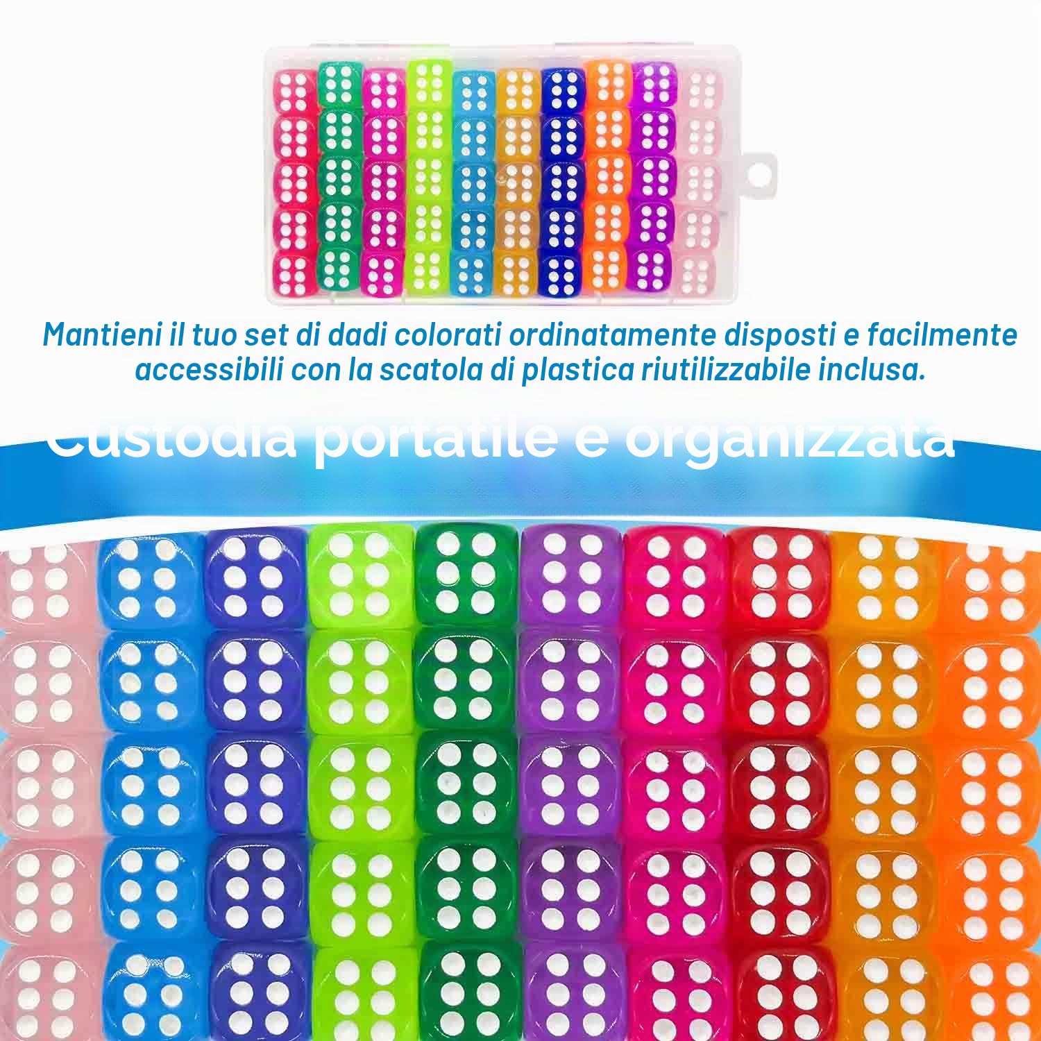 50 Pezzi 14MM Dadi da Gioco Standard con Scatola di Plastica Portatile, 10 Colori Traslucidi per Giochi da Tavolo, Set di Dadi D6, Colori Acrilici Dadi Per Giochi, Matematica