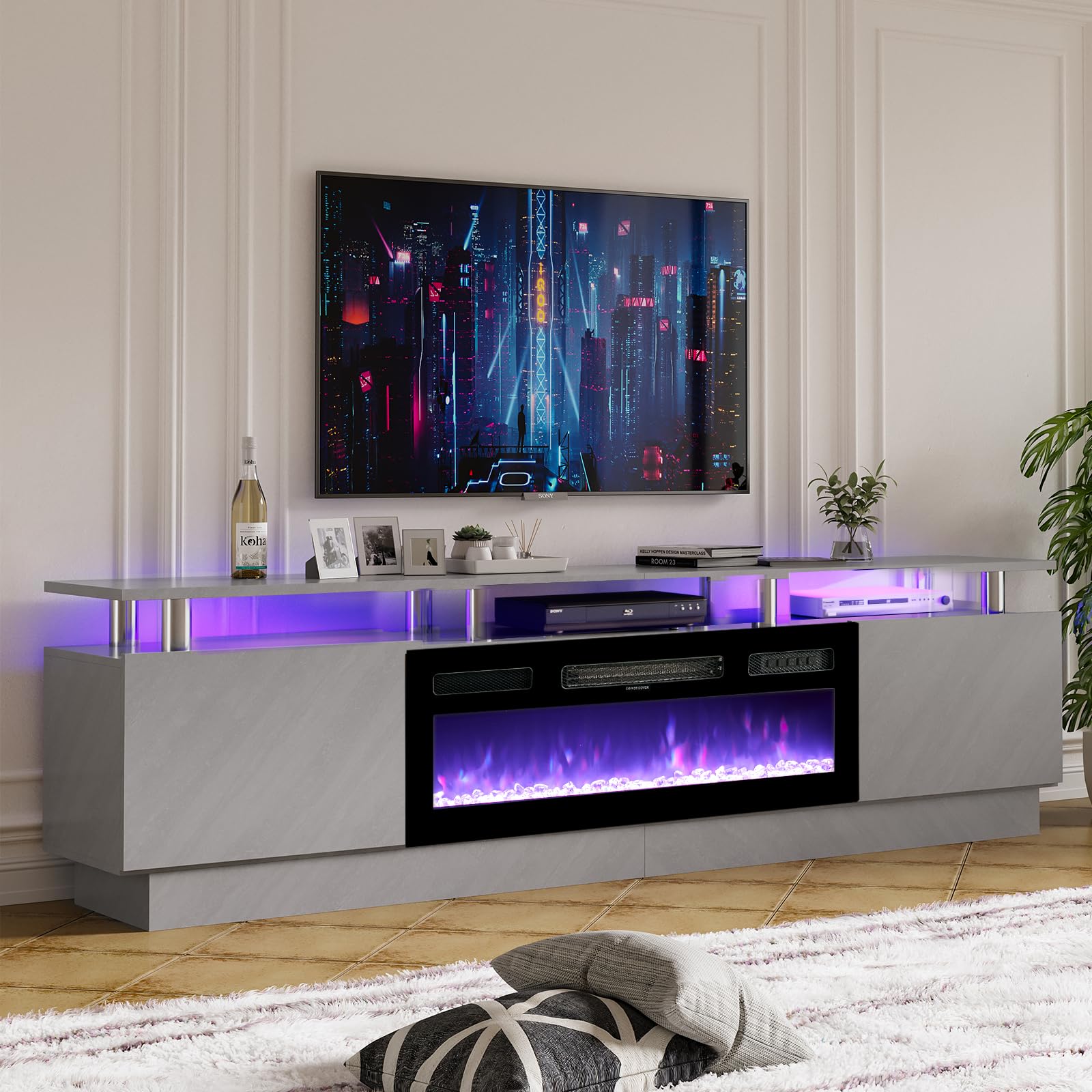 Fireplace TV Stand with 36” Electric Fireplace, 80” 2 Tier TV Console Stand for TVs Up to 90", LED Light Entertainment Center, Fireplace for The Living Room TV Stand, Gray