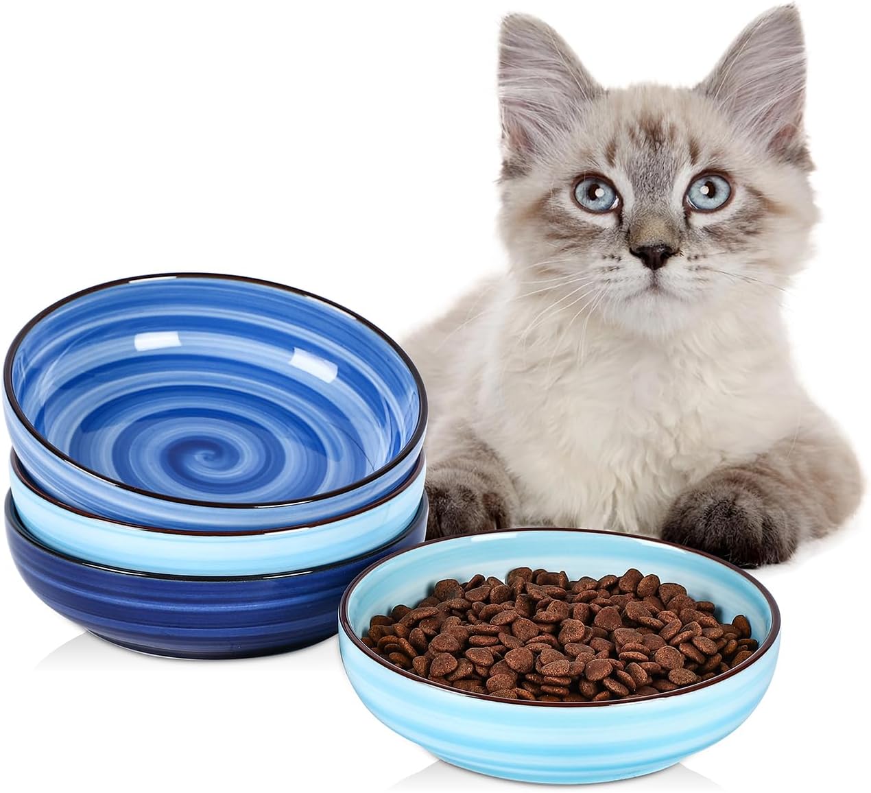 Selamica Ceramic Cat Bowls Set of 4, Cat Food Bowl Whisker Friendly, 5.6 Inch Shallow Wide Kitten Plates for Food and Water, Dishwasher Safe, Gradient Blue