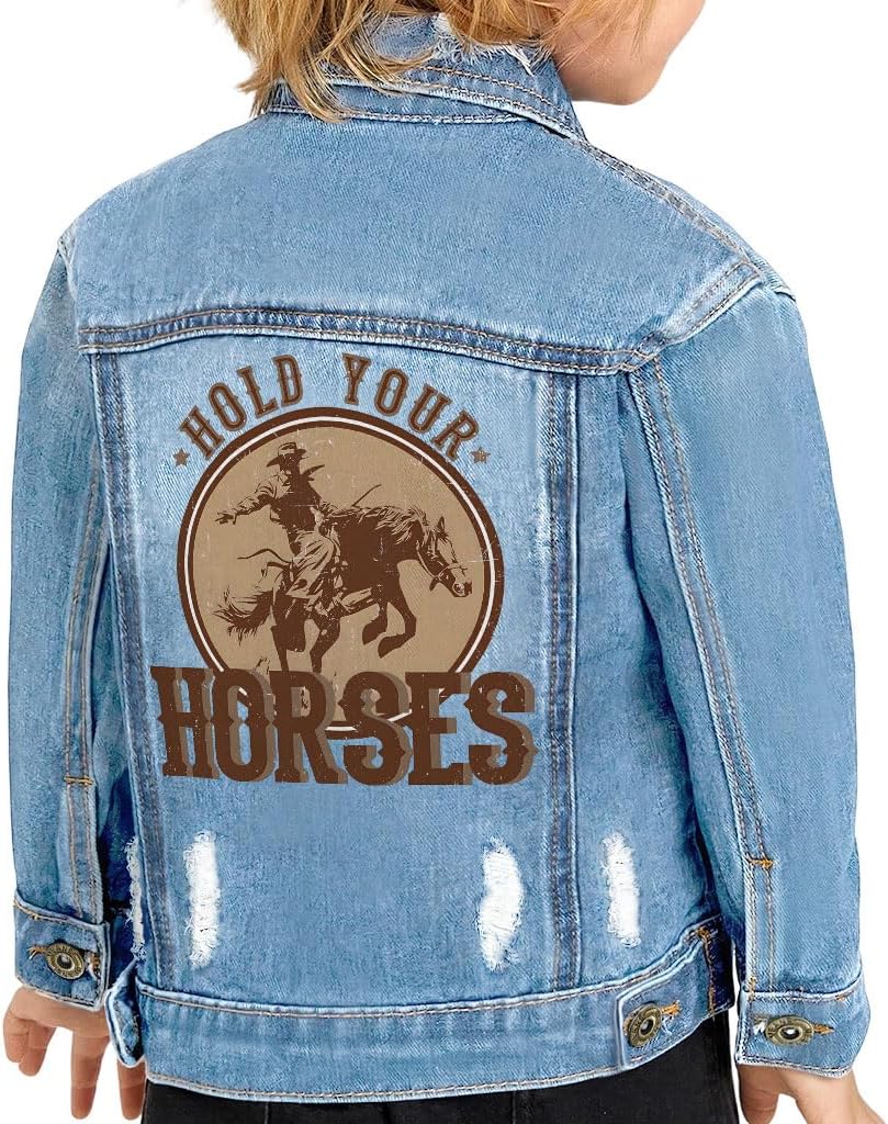 Hold Your Horses Toddler Denim Jacket - Gift for Son - Newborn Cowboy Gift - Blue, 4-5T