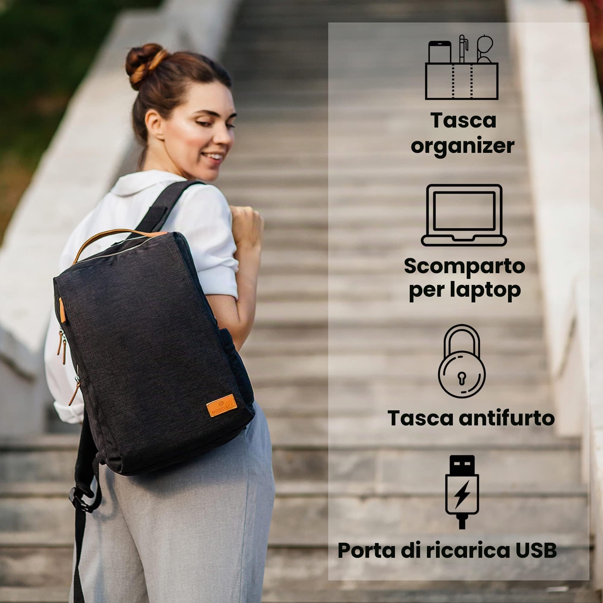 Nordace Siena - Zaino per computer portatile da 15,6 pollici, unisex, con porta di ricarica USB, impermeabile, per tutti i giorni, viaggi o lavoro