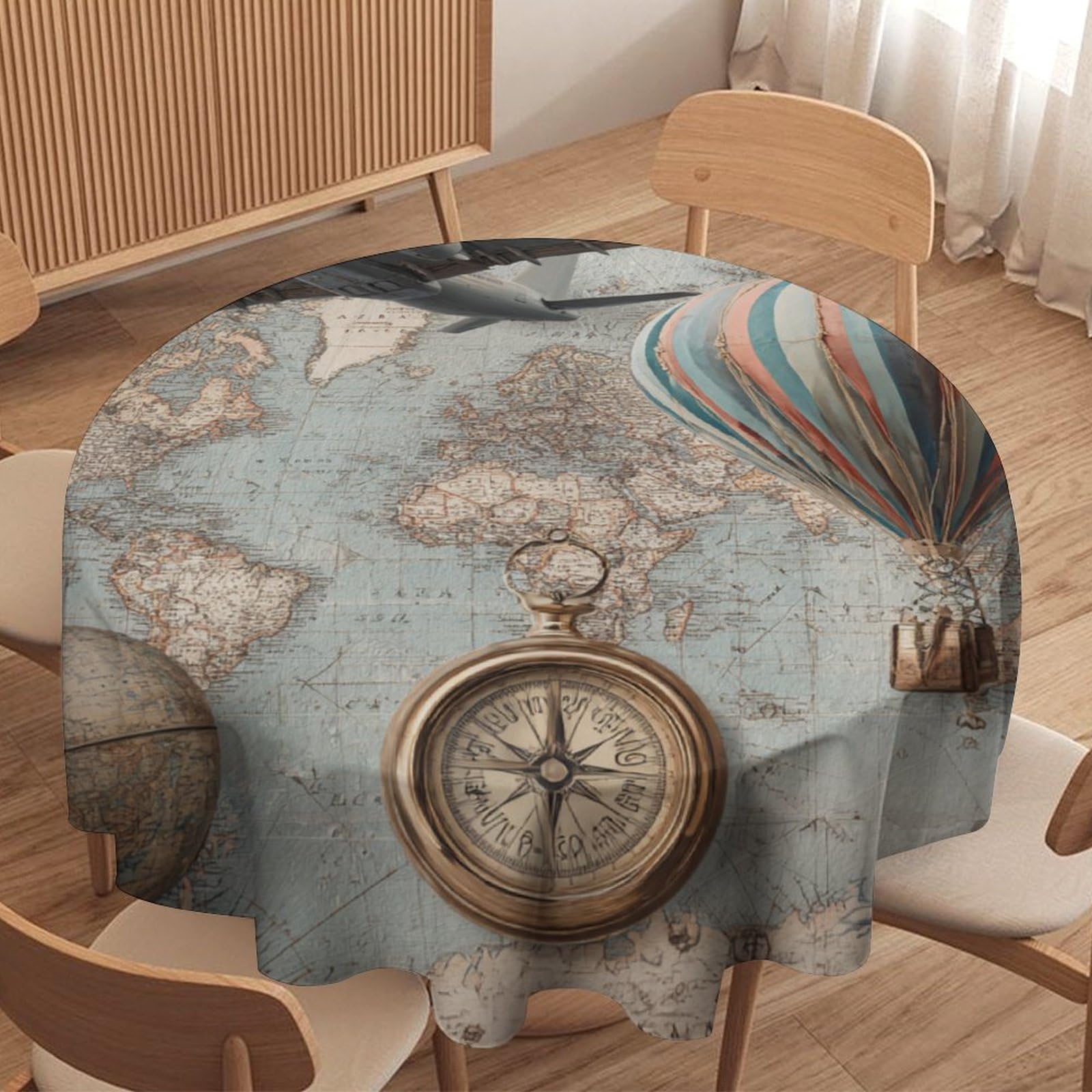 LUYYSKY Funny Beautiful Antique Map Round Tablecloth Retro Oil Painting Airplane Hot Air Balloon Cameras Print Washable Decor for Table Cover for Kitchen-177.8" Wx177.8 L cm