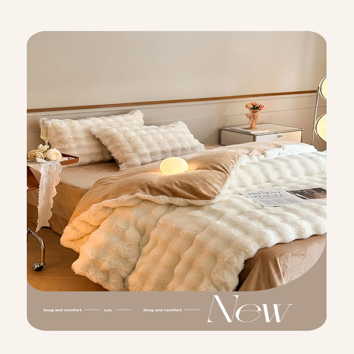 Faux Rabbit Fur Comforter 4 Pieces Set,Queen/King Size Puffy Comfort Thickened Bed Sheet Set,Fluffy Comforter Set-Comprises A Duvet Cover,A Flat Sheet and Two Pillowcases (04,King)