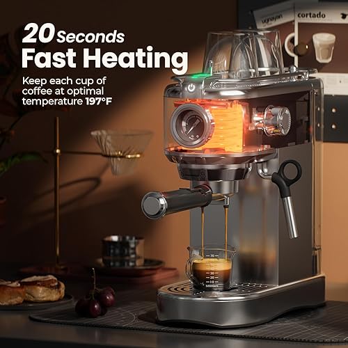 Miniatura 5 de Máquina de café expreso de 20 bares, compacta de acero inoxidable de 1450 W, cafetera profesional para café con leche y capuchino con varita de vapor