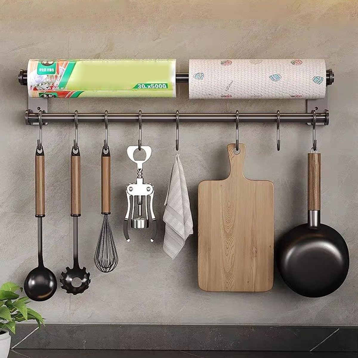 Barra Portautensili Cucina, Porta Utensili da Cucina Parete con 10 Gancio, 60CM Appendi Mestoli da Cucina Adesivo con Portarotolo, senza Foratura, Grigio