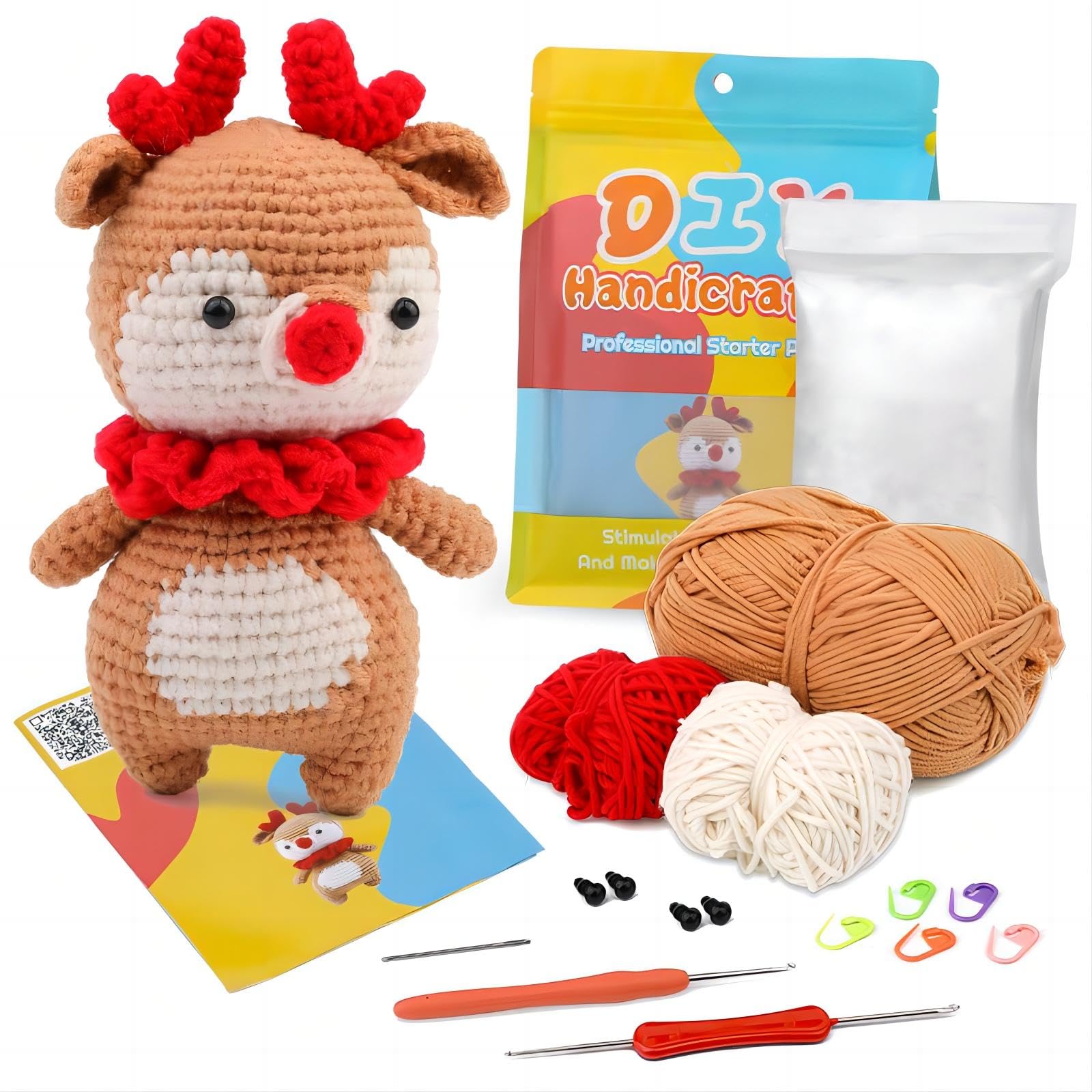 ECHCOSAY Crochet Kit for Beginners,Complete DIY Crochet Kit Supplies with Step-by-Step Video Tutorials,Crochet Starter Kits Christmas Gift for Adults and Kids,Deer(40%+ Yarn)