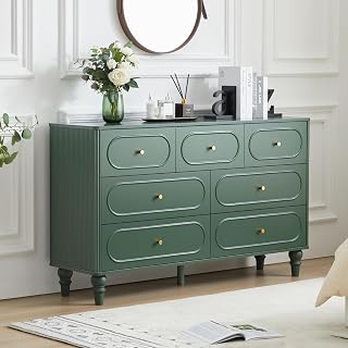 Fluted 7 Drawer Dresser for Bedroom, Modern Mid Century Chest of Drawers, Wood Storage Large Dresser Organizer for Bedroom Living Room Closet Hallway, Green - Amazon product rated Grade A