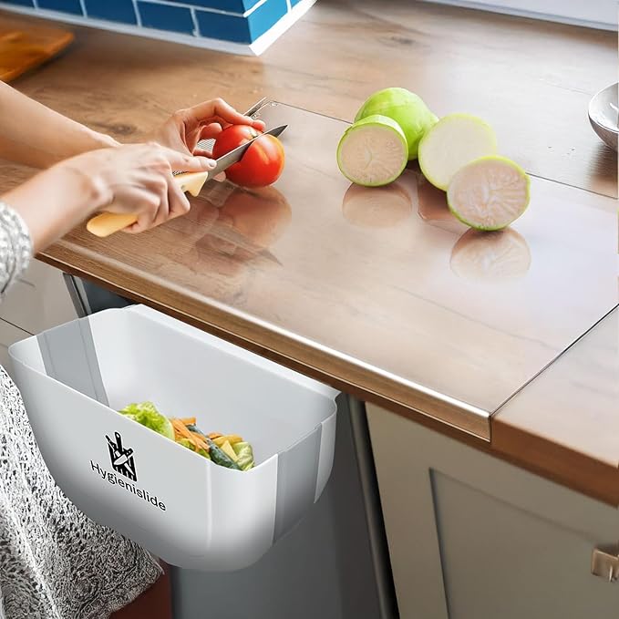 Acrylic Cutting Board with Counter Lip & Hanging folding Trash can 17.7 X 23.6 inch Easy Wash Acrylic Cutting Board for Counter Top,Non Slip For Slicing Fruits,Vegetables & White Waste Container