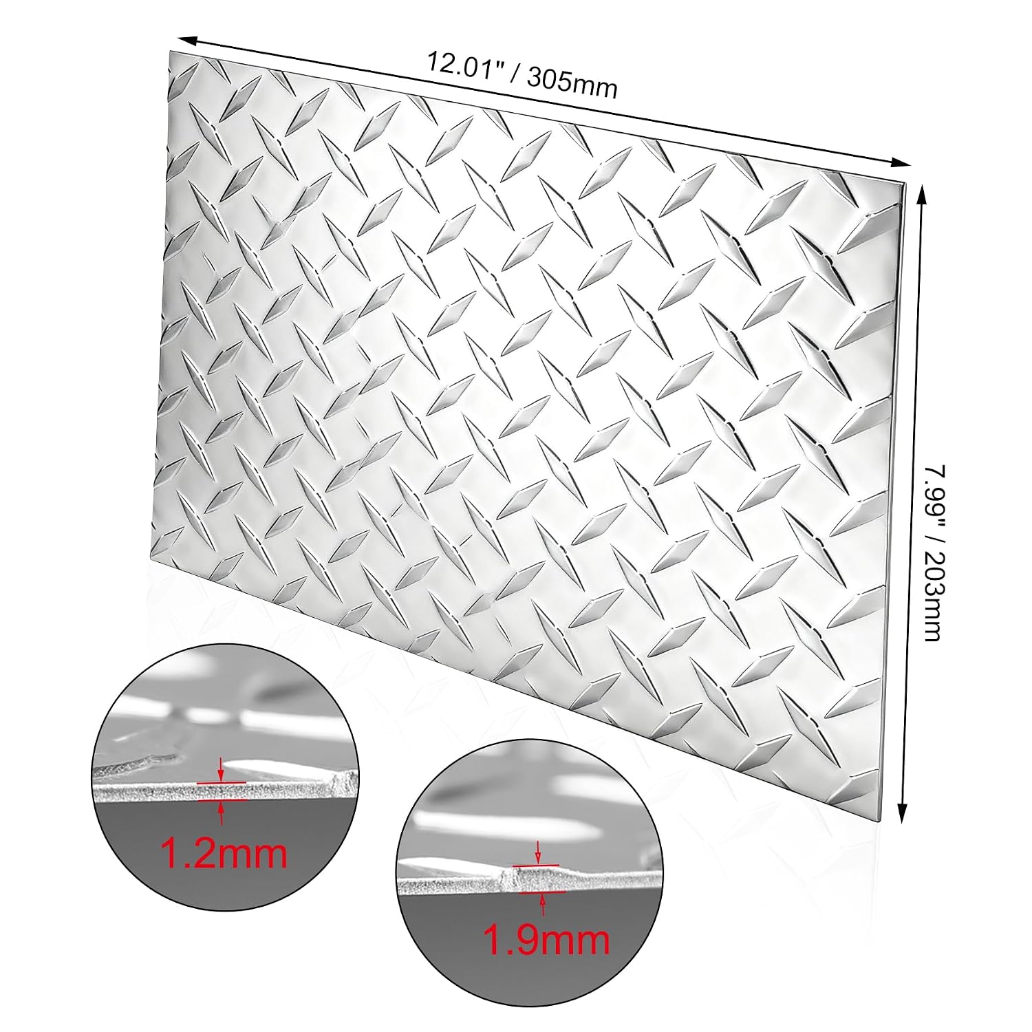 12 x 8 Inches Aluminum Diamond Tread Plate Flat Sheet, Aluminum Sheet Plate for Cargo Trailer Truck, Commercial Residential, Work Bench, Garage, Silver, 2Packs