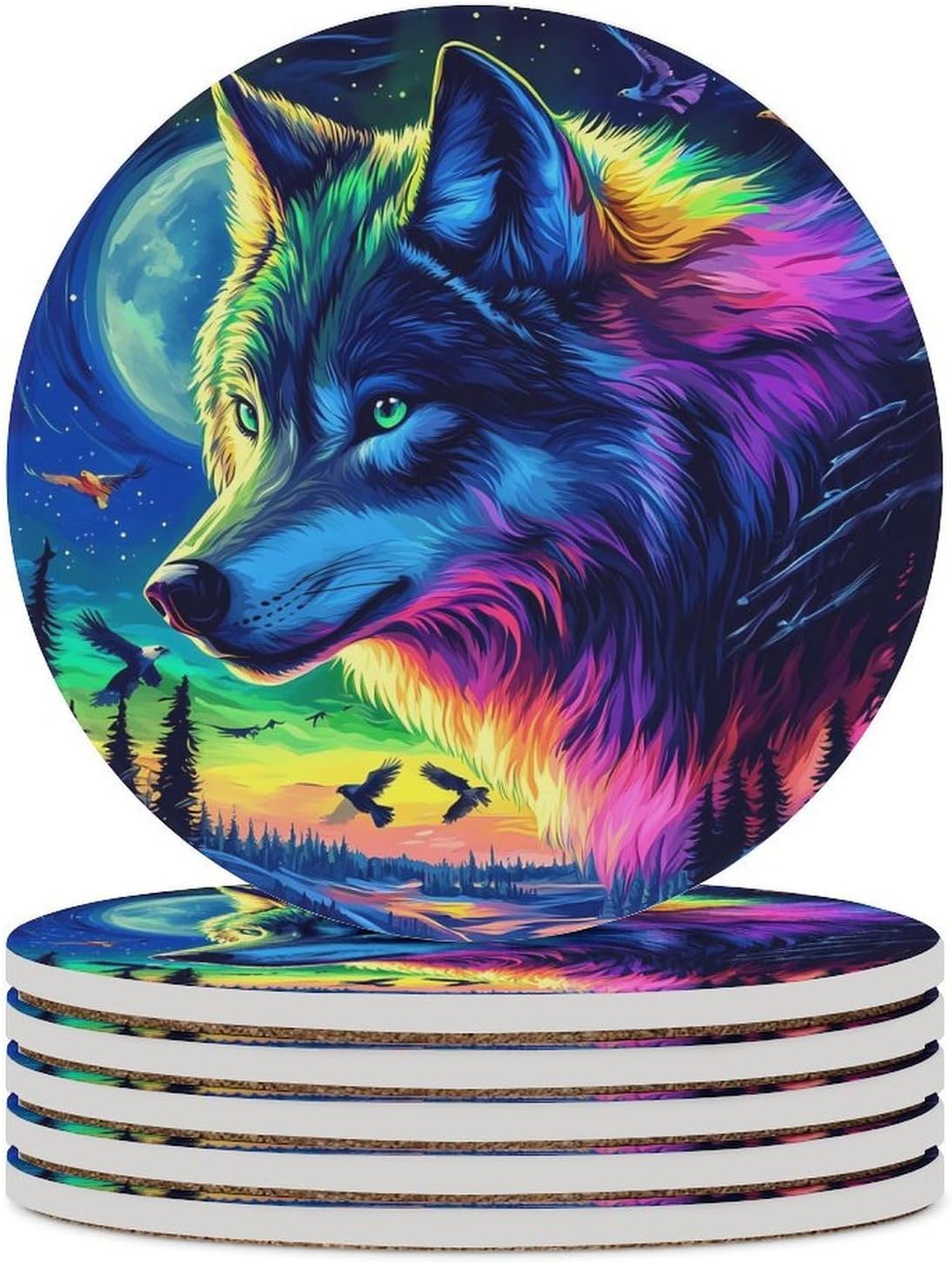 Wolf Coasters for Drink Round Ceramic Coaster with Cork Base Home Decorative 6PCS