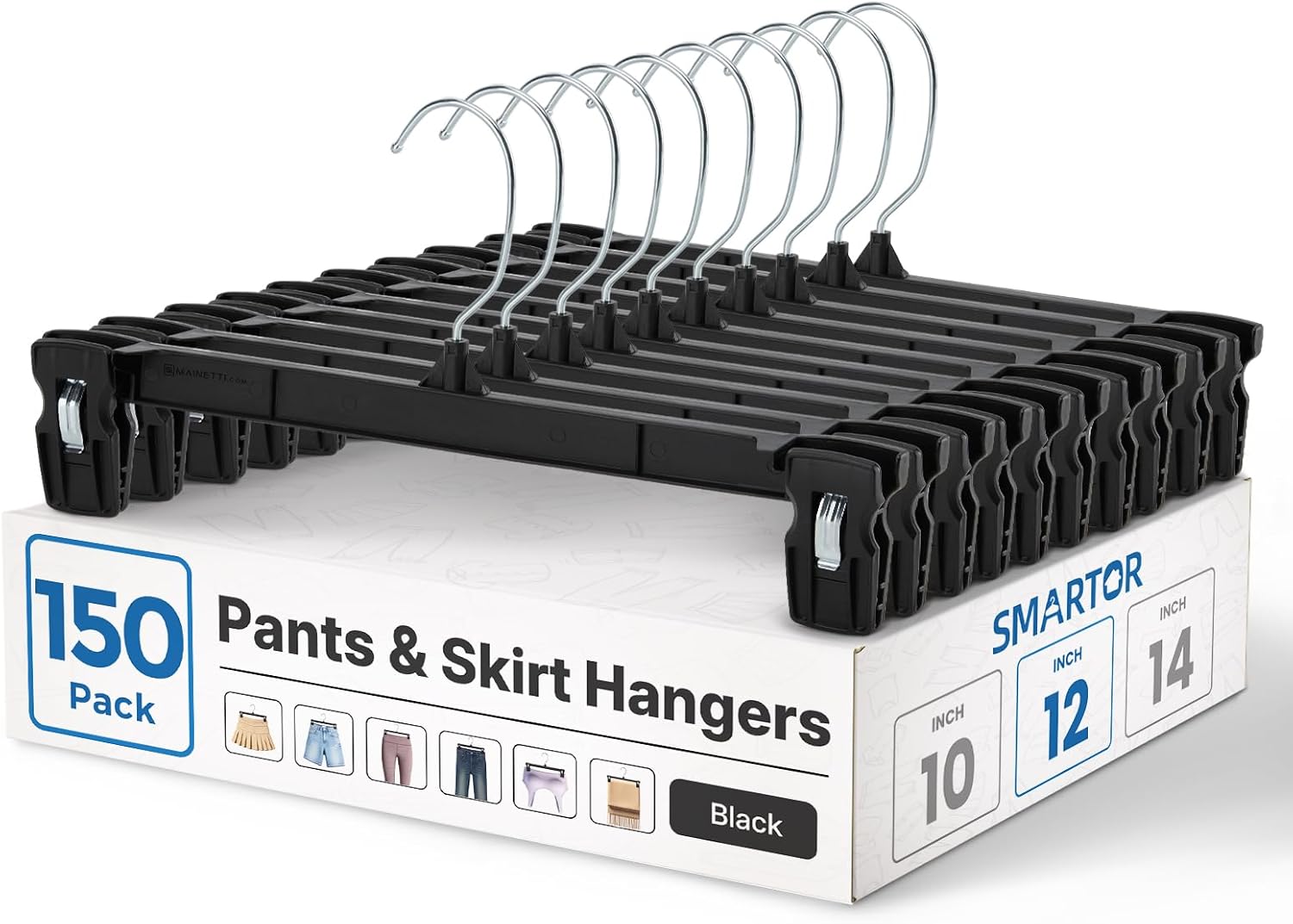 Smartor Space Saving Skirt Hangers - 150 Pack, Slim Plastic Pants and Shorts Hangers, Ridged Non-Slip with Pinch Clips, Black Clip Hanger for Women, 360-Rotating Chrome Swivel Hook, 12 Inches