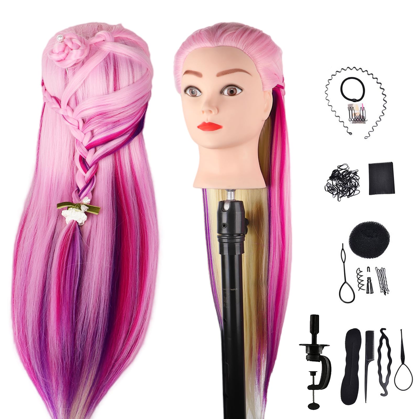 Daizysight Multicolor Hair Styling Training Head Synthetic Hair, 26" Cosmetology Mannequin Head Hairdressing Manikin Doll Head With Clamp & Styling Tools (Multicolor)