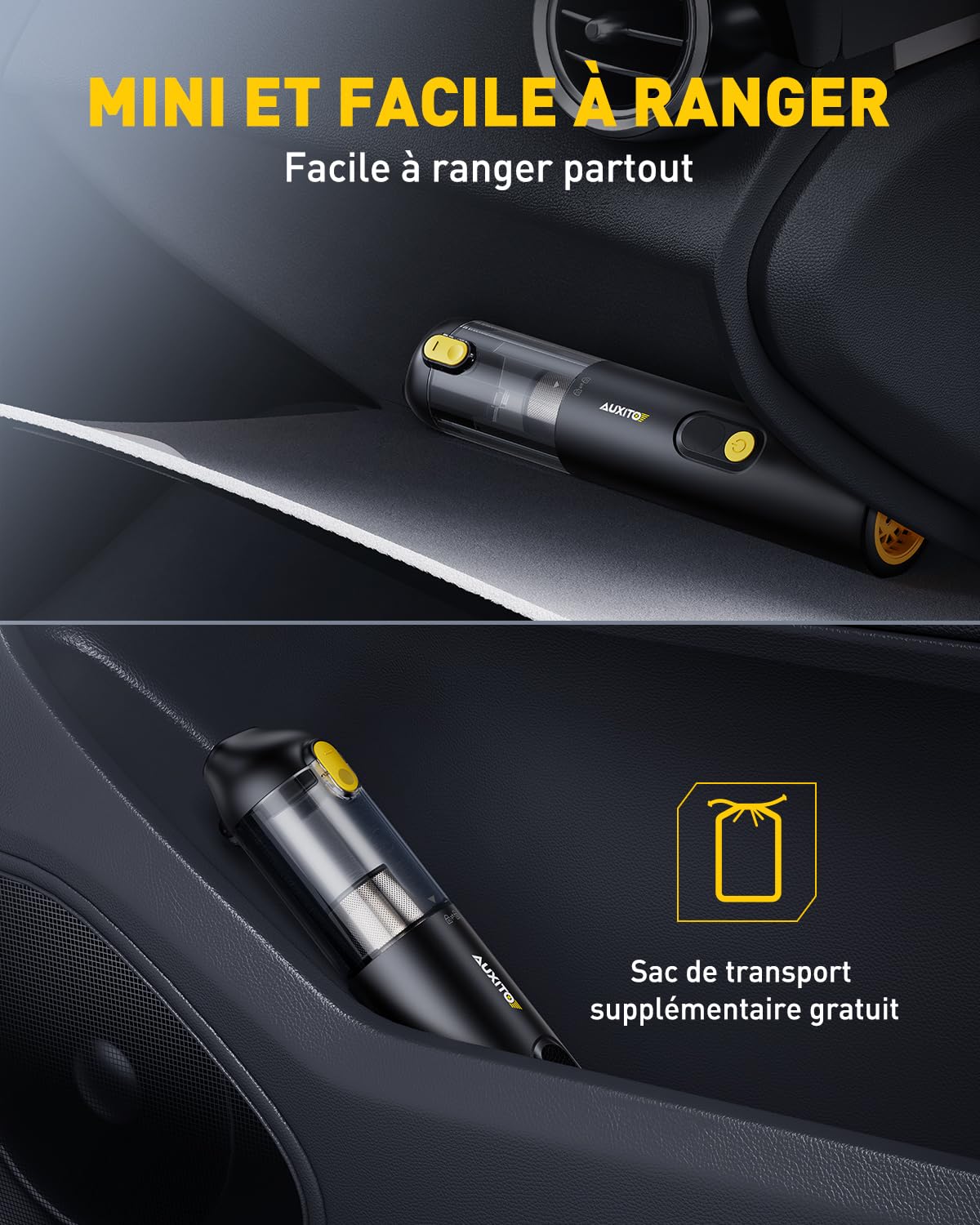 AUXITO Aspirateur à Main sans Fil,Aspirateur Voiture Puissant 24000pa,30 Minutes d'autonomie,4 en 1 Aspirateur De Voiture avec Brosse pour Animaux,Mini Aspirateur pour Voiture,Maison,Bureau(Sombre)