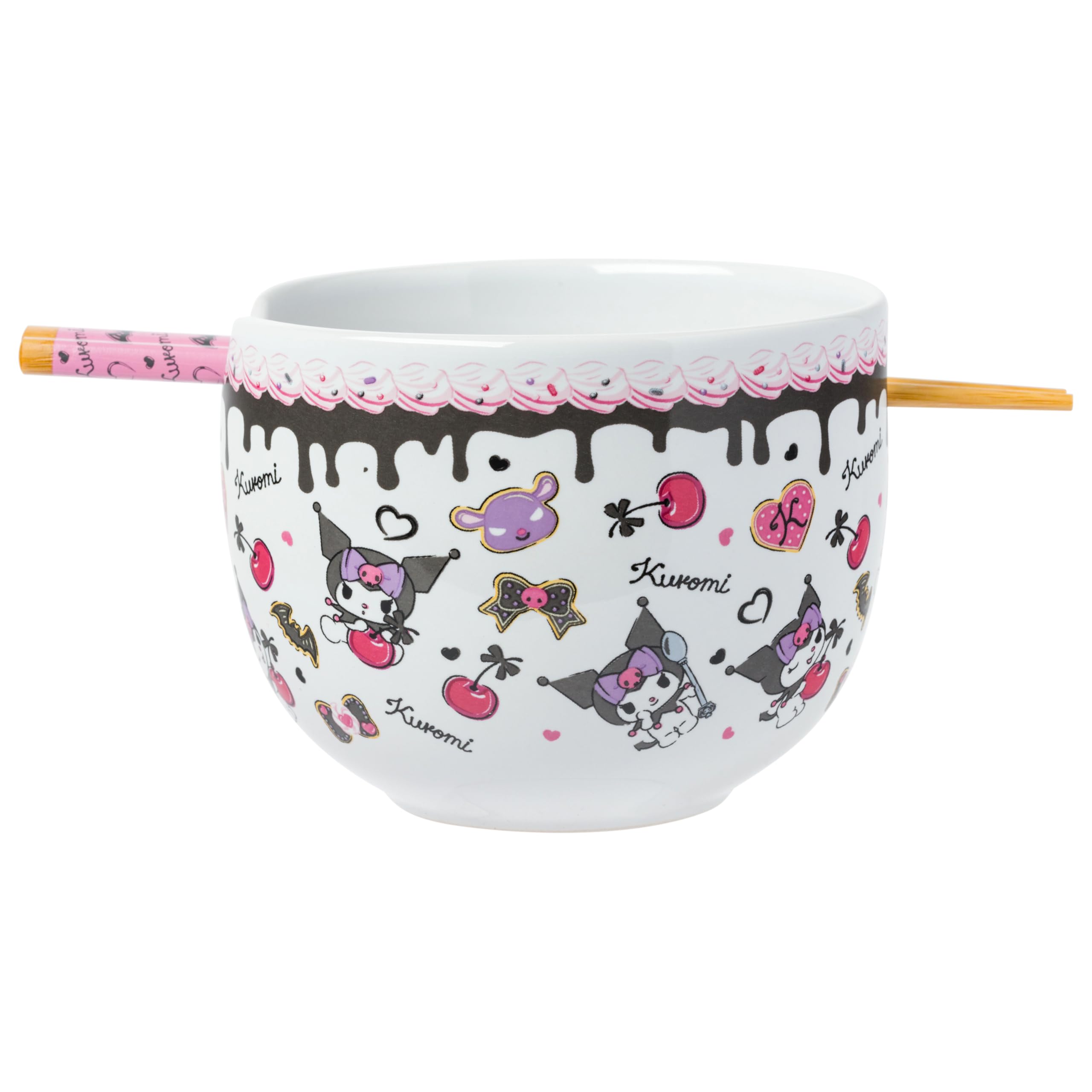 Silver Buffalo Sanrio Hello Kitty and Friends Kuromi Chocolate and Cherry Ceramic Ramen Noodle Rice Bowl with Chopsticks, Microwave Safe, 20 Ounces