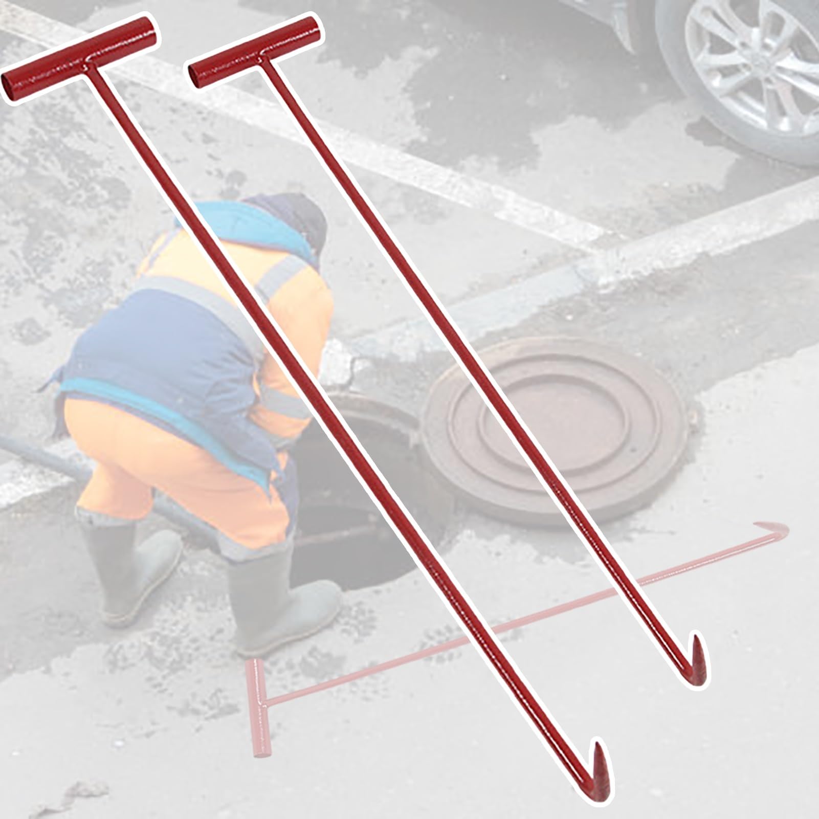 2 Pcs Portable Manhole Lifter Tool Set, Sharp T-Handle Drag Hook for Easy Cover Removal, Versatile Manhole Keys, 100cm (39 3/8") Long, Heavy-Duty Design